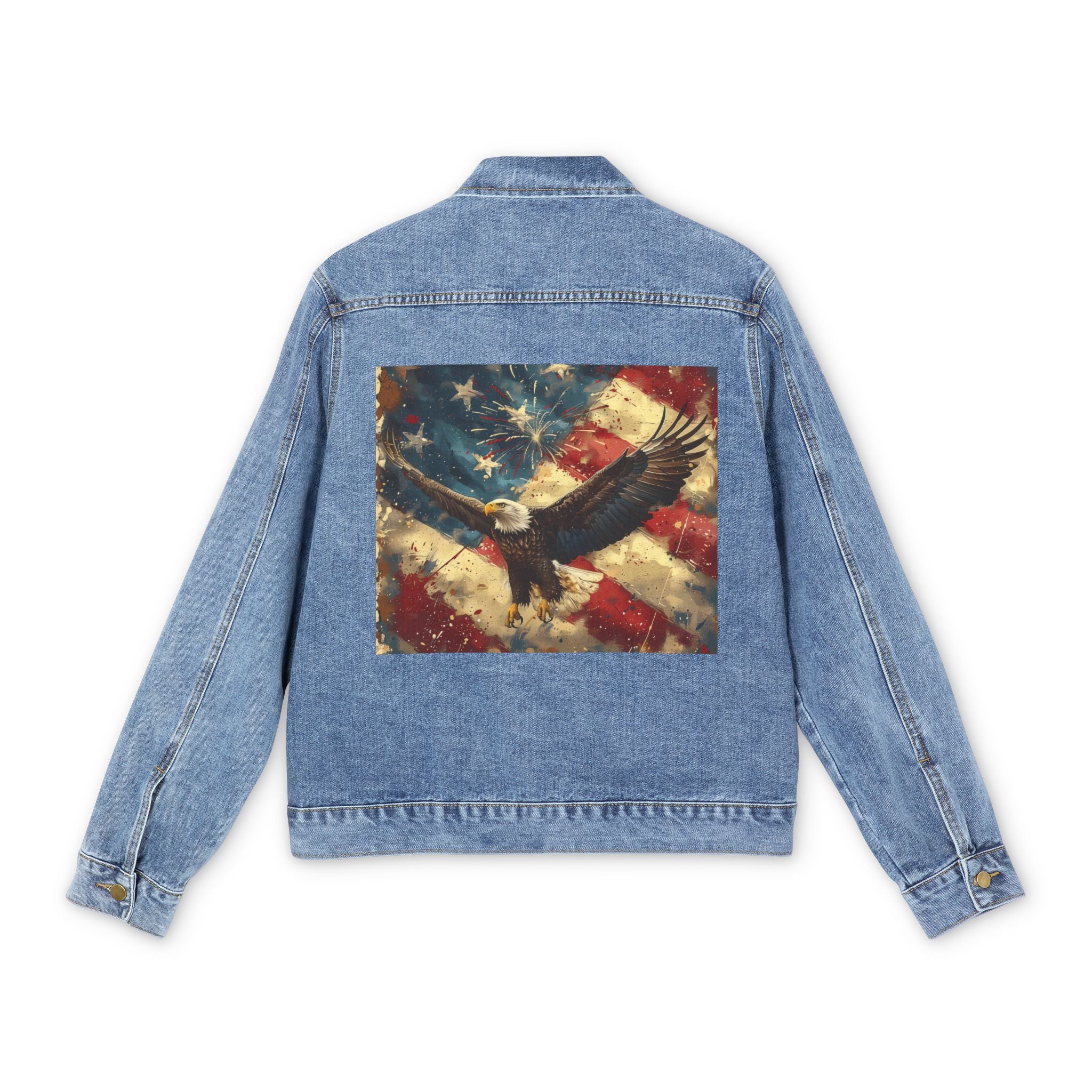 Men's Denim Jacket with Vintage American Flag & Bald Eagle Back Print