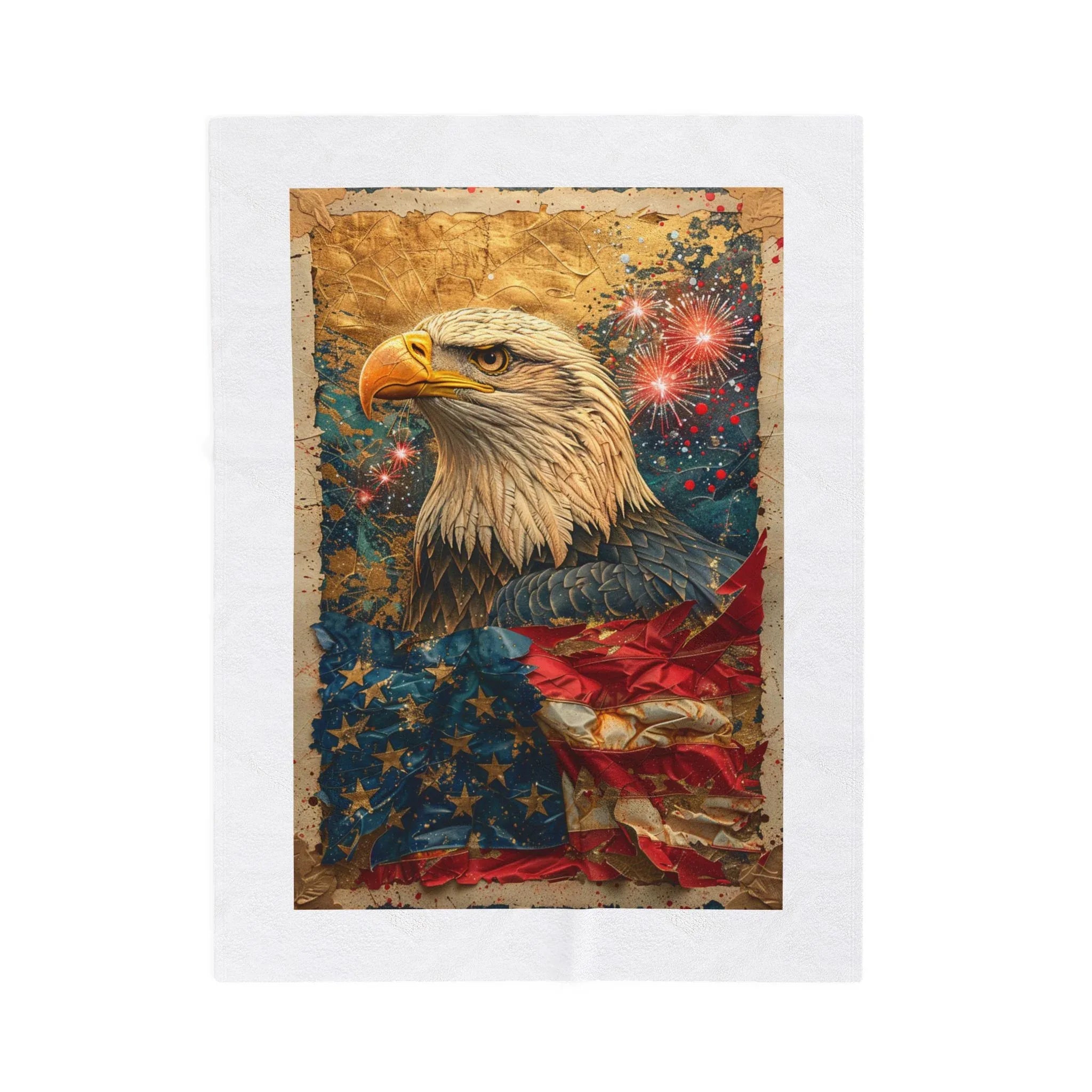 Triumphant Bald Eagle clutching Tattered American Flag Blanket | Patriotic Fireworks Outline - 250 USA Celebration