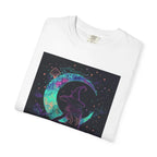 Mystical Crescent Moon Cat T-shirt | Neon Galaxy Witchy Night - 250 USA Celebration