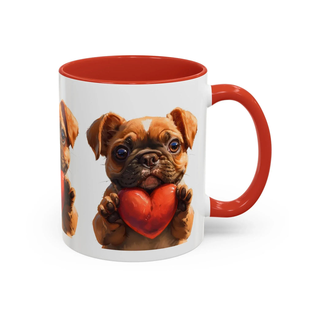 Cute French Bulldog Holding Red Heart Accent Coffee Mug | Puppy Cartoon Illustration - 250 USA Celebration
