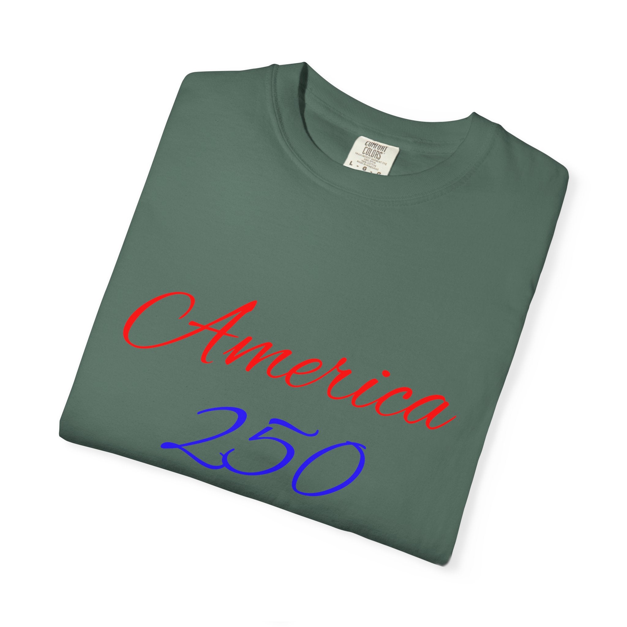 America 250 T-shirt | Patriotic Script, Red and Blue Text