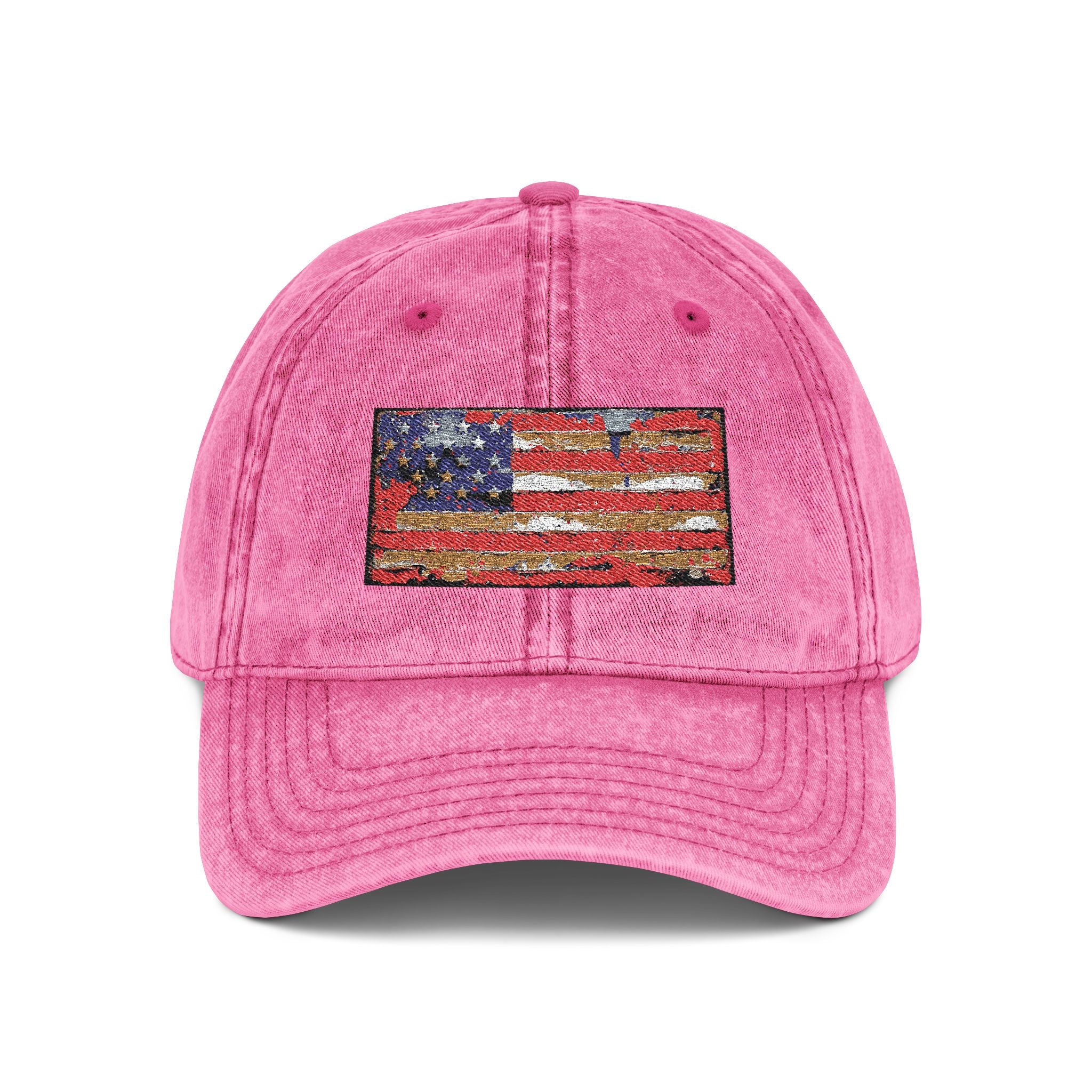 Vintage Embroidered American Flag Cap — Distressed Red Baseball Hat