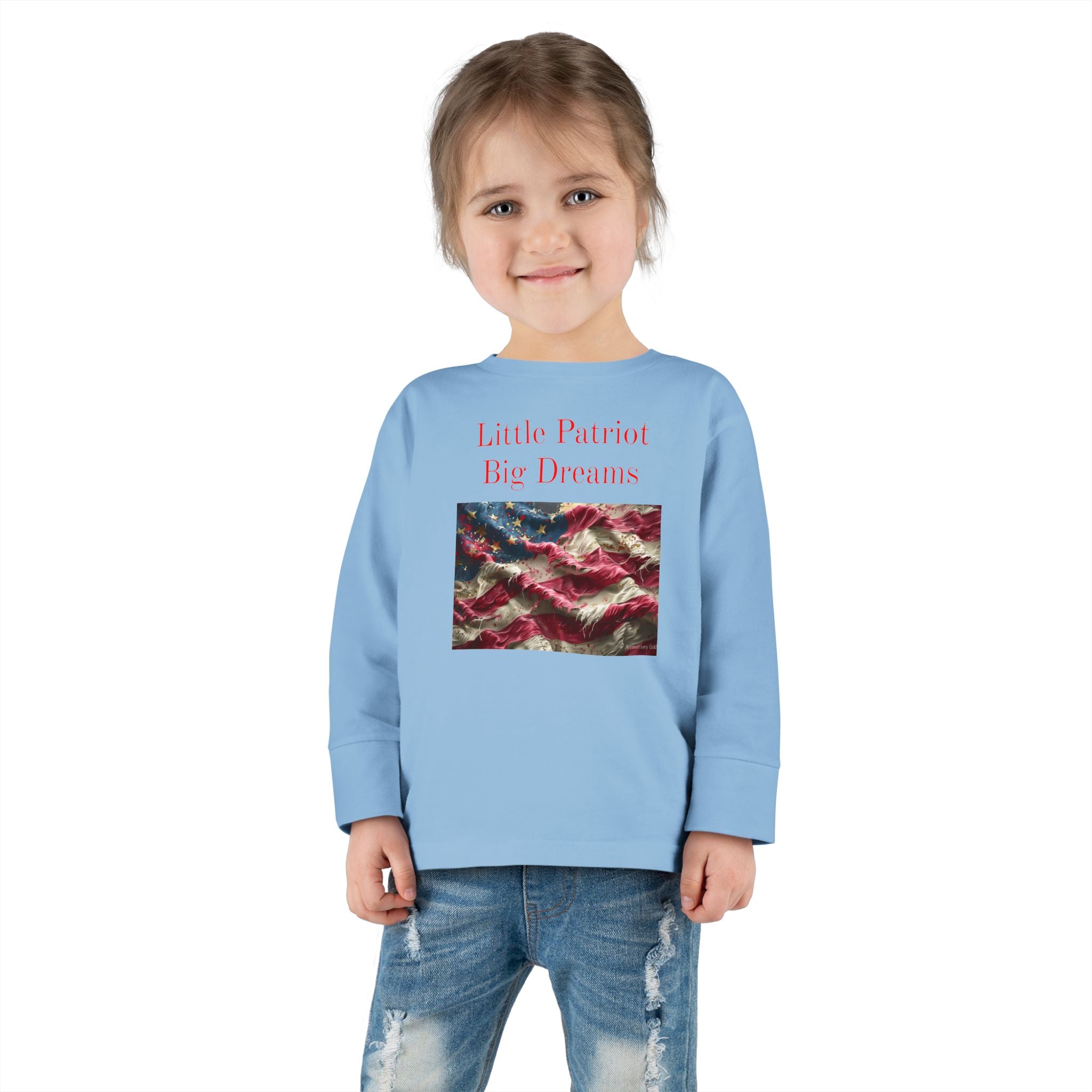 Toddler Long Sleeve Tee — "Little Patriot Big Dreams" American Flag Graphic