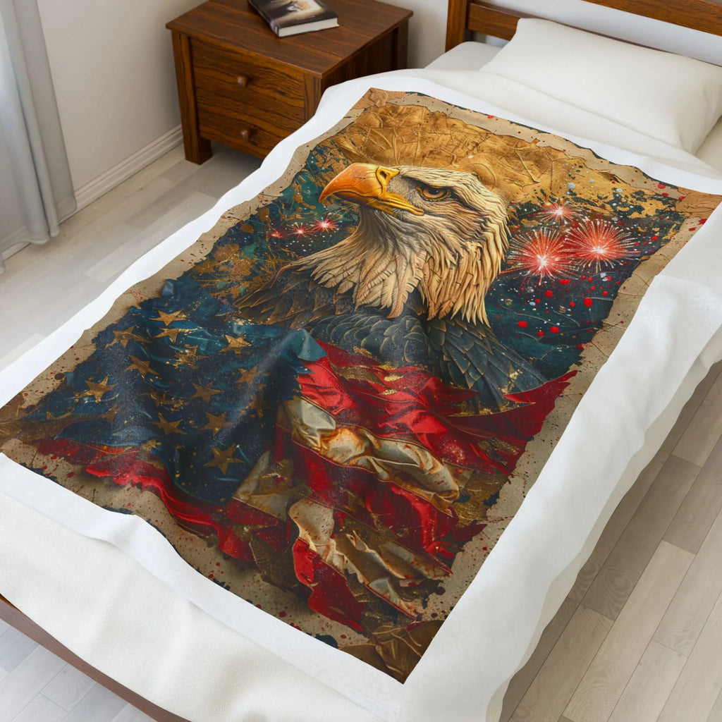 Triumphant Bald Eagle clutching Tattered American Flag Blanket | Patriotic Fireworks Outline - 250 USA Celebration