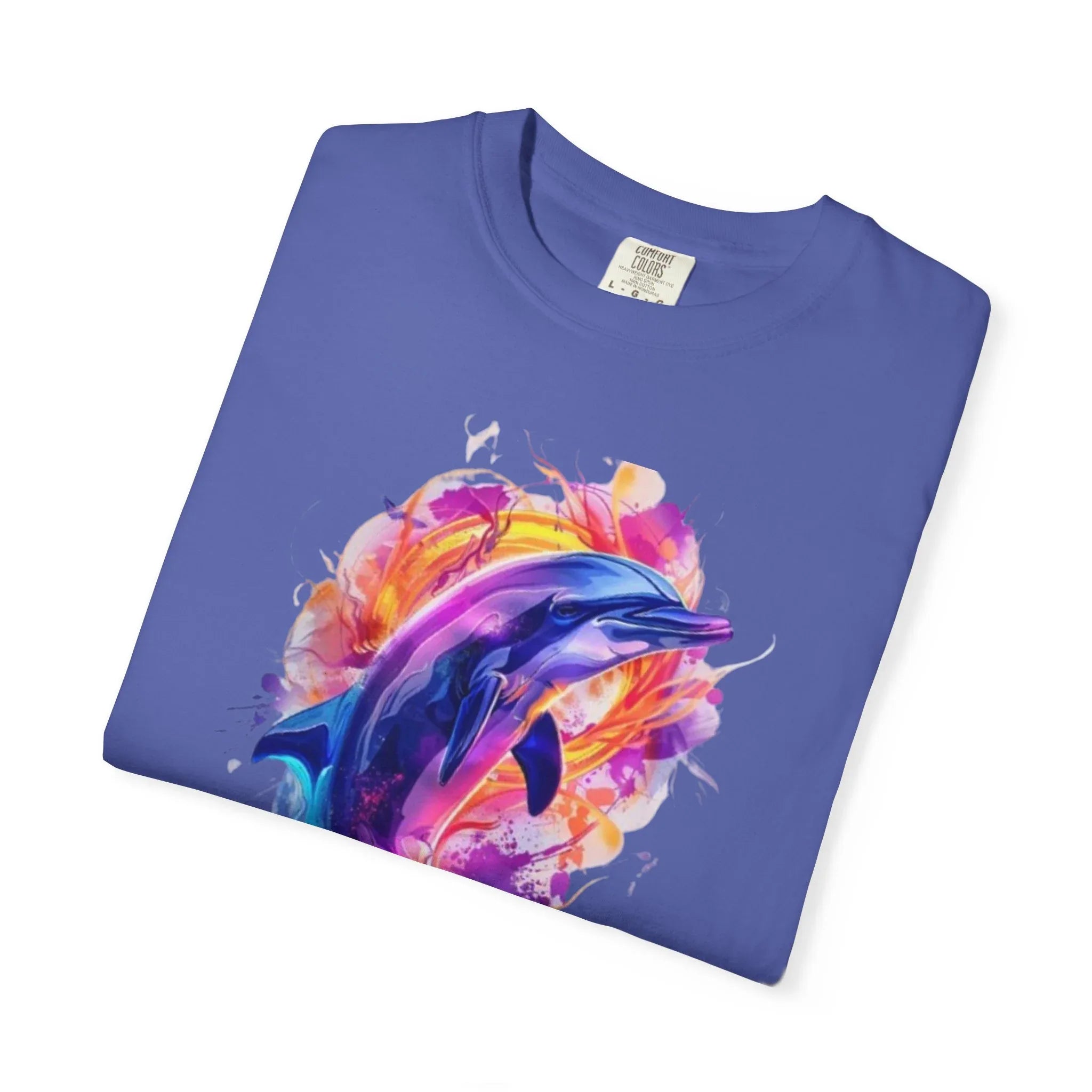 Colorful Watercolor Dolphin T-shirt | Vibrant Ocean Dolphin Tee Chrome Y2K Fantasy Dolphins & Butterflies T-Shirt | Airbrushed Liquid Metal - 250 USA Celebration
