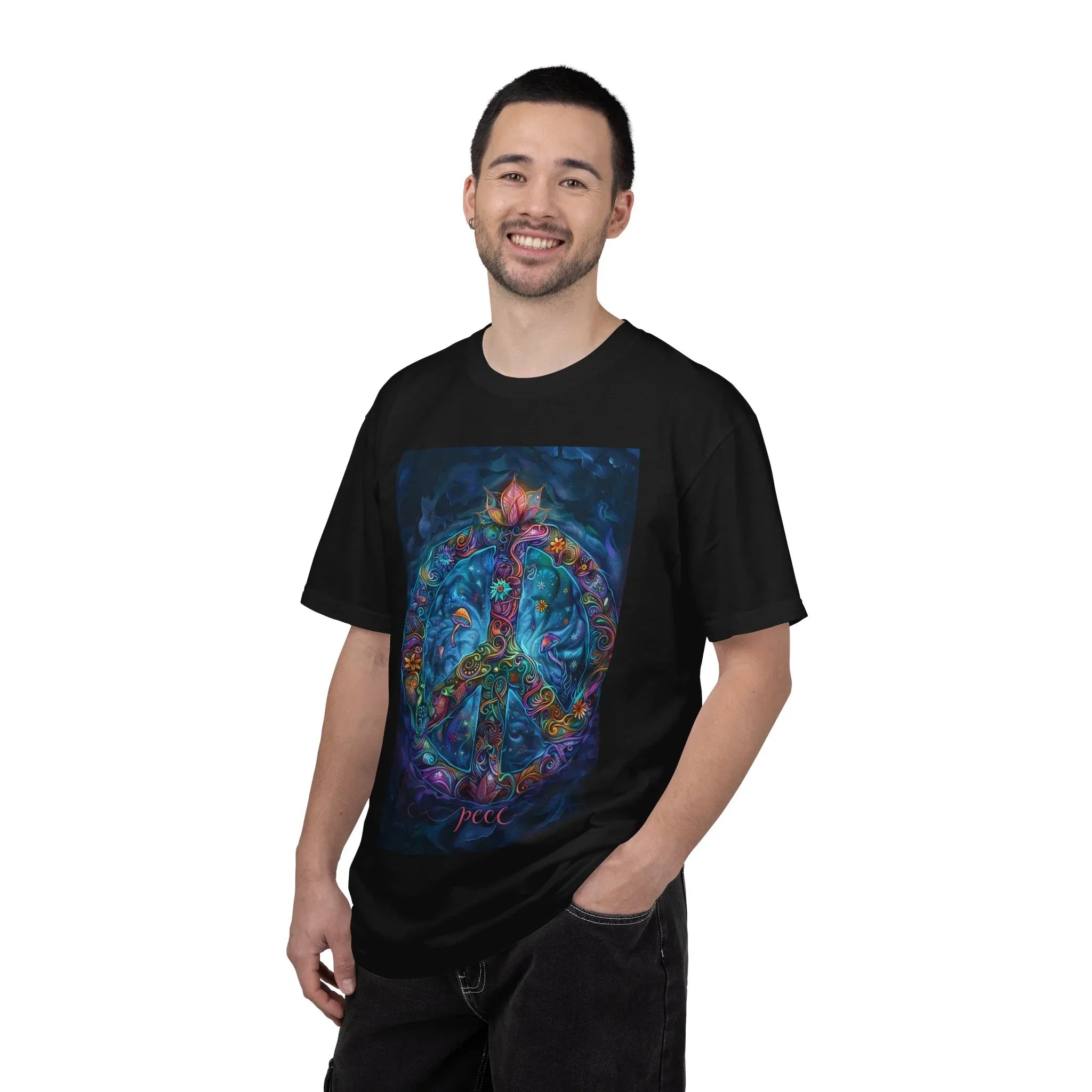 Floral Peace Sign T-shirt | Psychedelic Hippie Vibes, Blue Shirt - 250 USA Celebration
