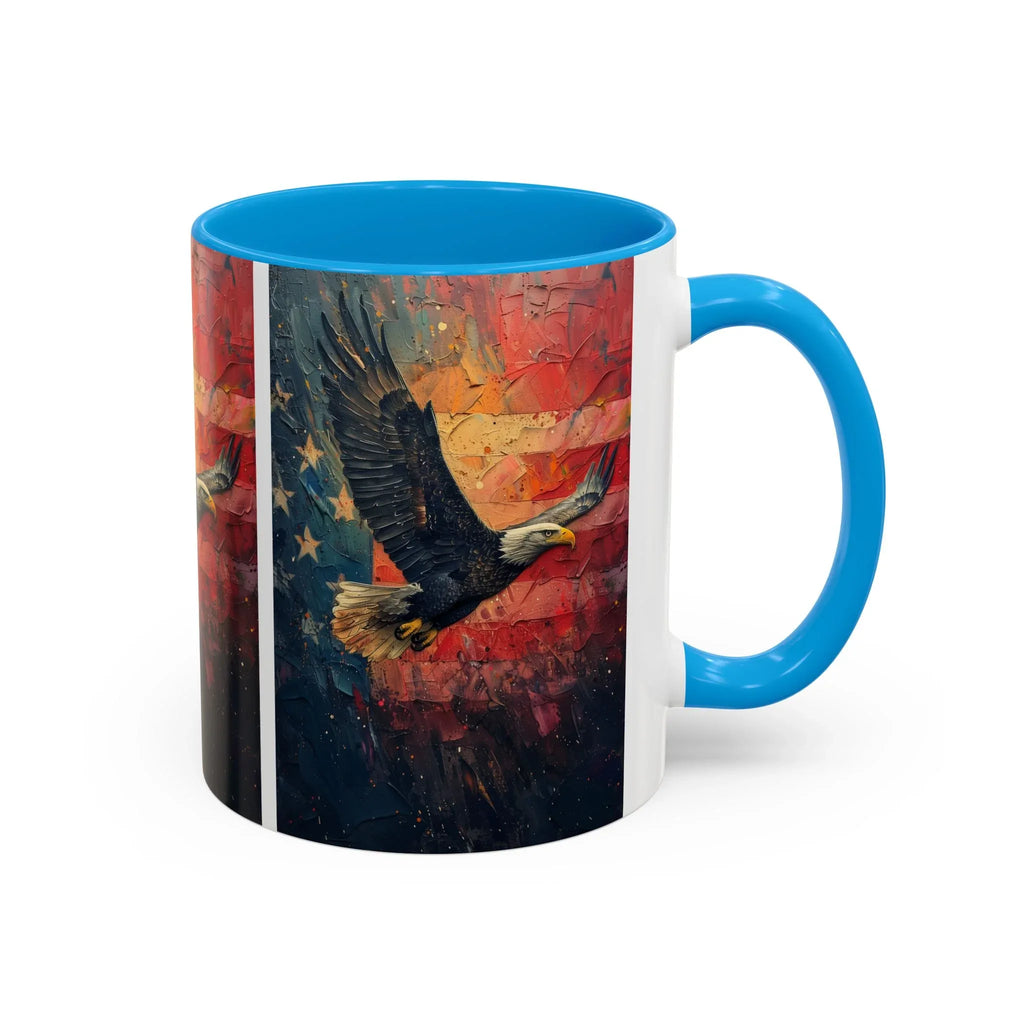 Colorful Mugs (11oz, 15oz) American Eagle Flying Coffee Cup, Patriotic American Eagle flying with American Flag in background - 250 USA Celebration