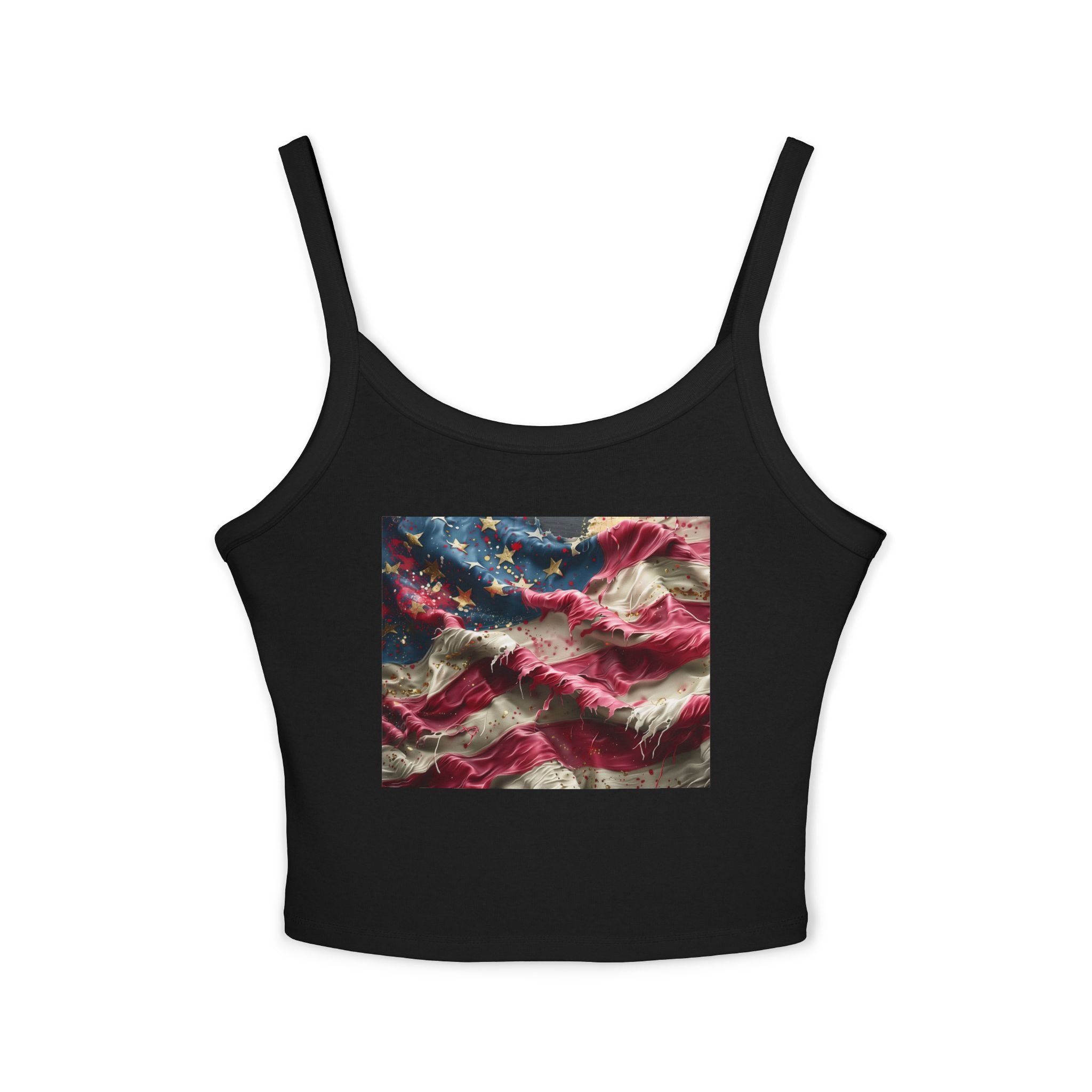 American Flag Ruffled Crop Tank Top – Patriotic Women's Spaghetti Strap Top