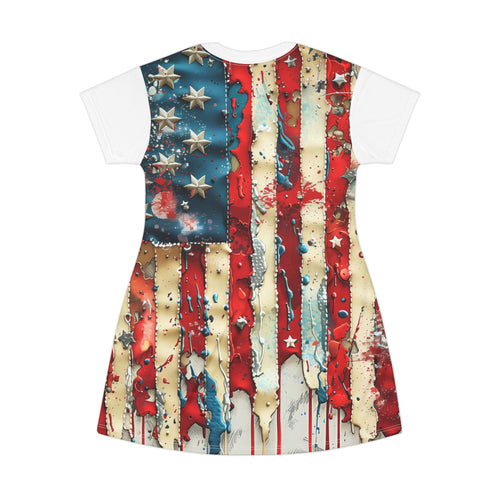 American Flag Drip T‑Shirt Dress — Distressed Patriotic Stars & Stripes