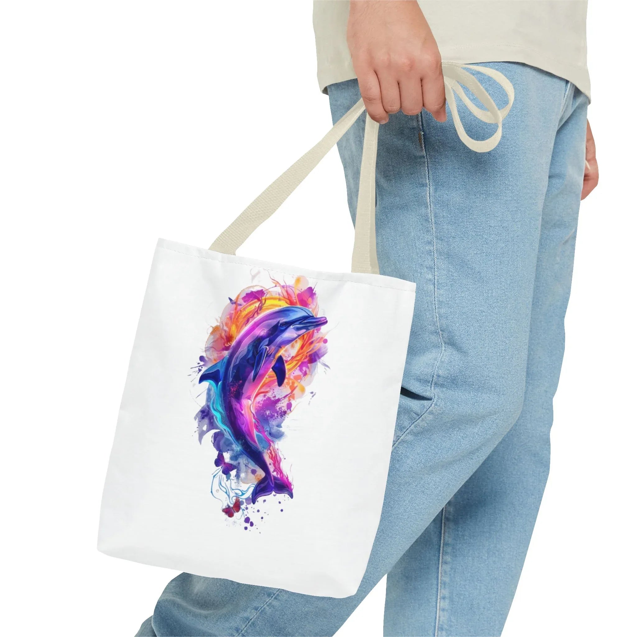 Colorful Watercolor Dolphin Tote Bag | Vibrant Splash Ocean Art - 250 USA Celebration