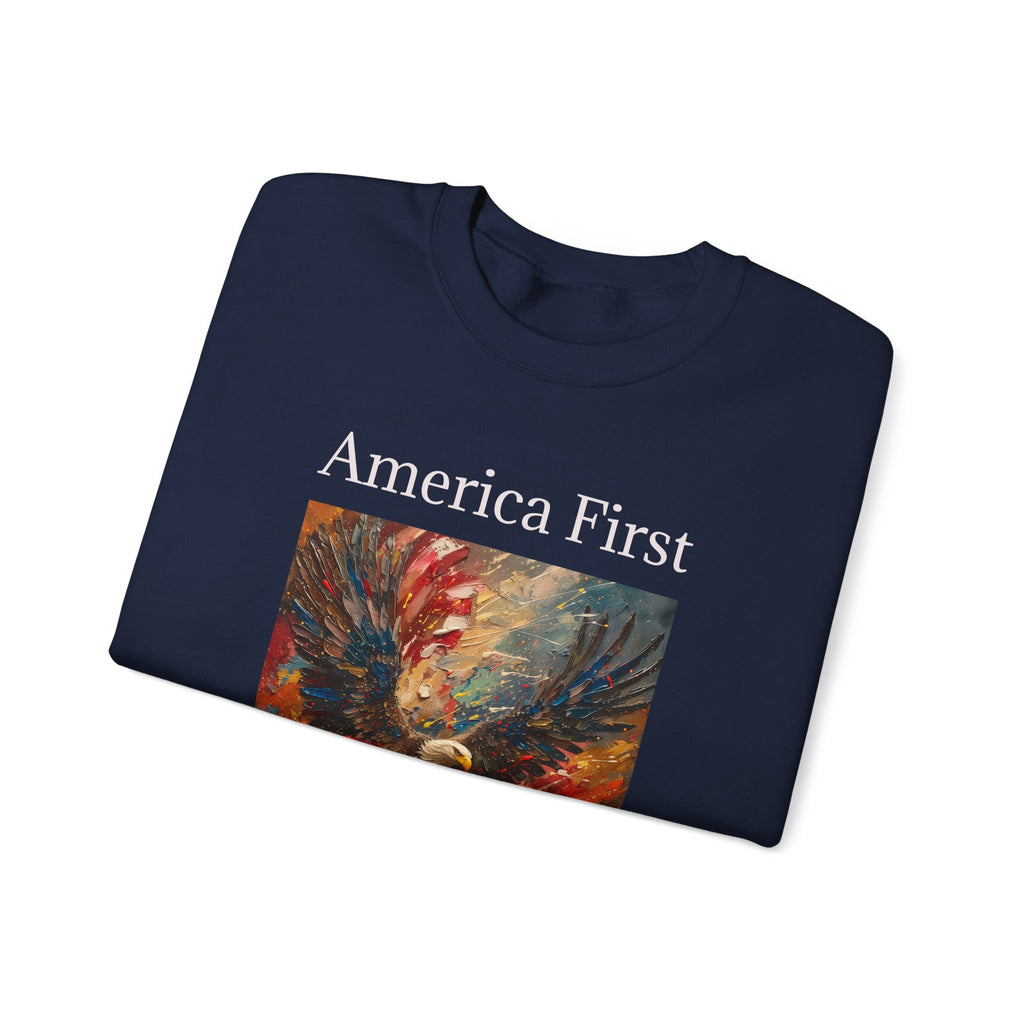 Patriotic Sweatshirt, American Eagle with America First Headline, USA Pullover Jumper, Fourth of July Gift, Political Statement Top, Unisex