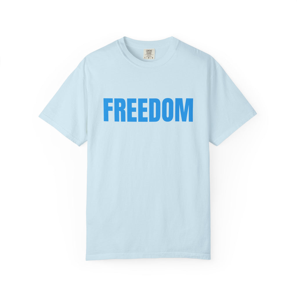Freedom Graphic T-Shirt — Bold Blue Text Patriotic Tee
