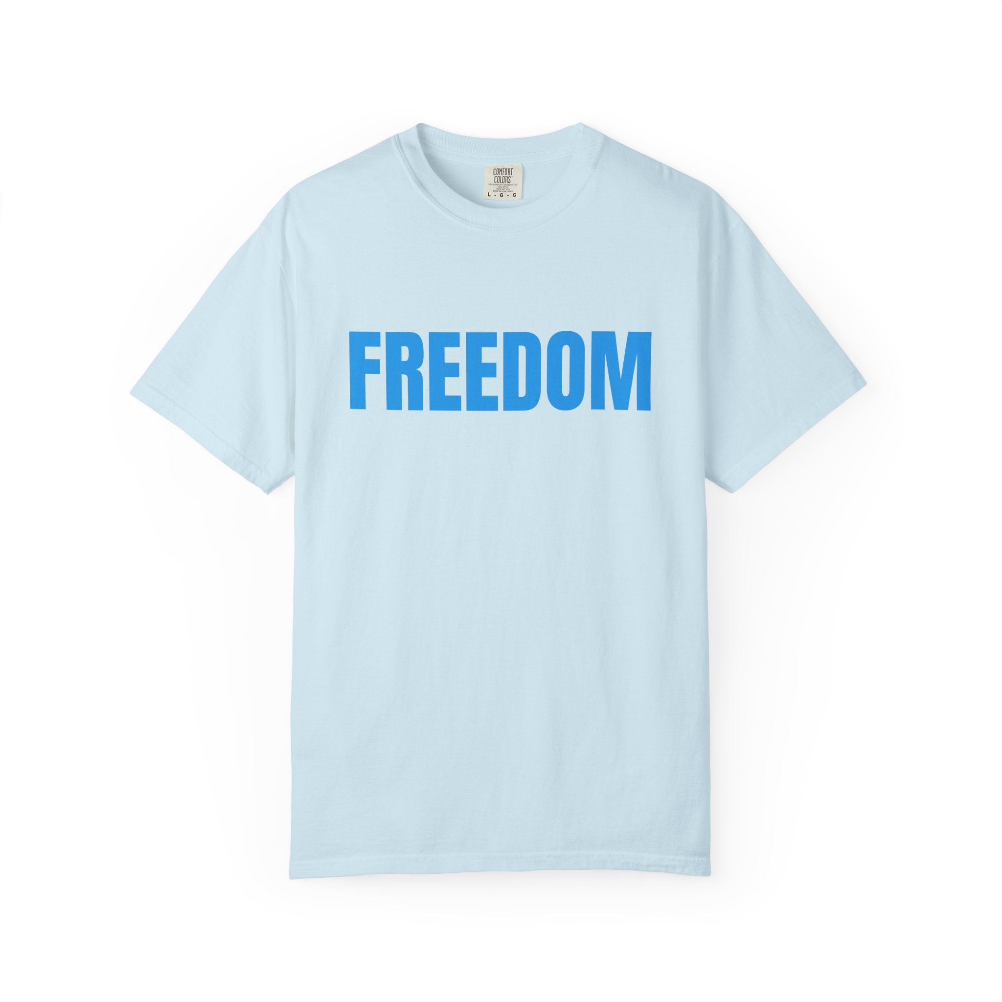 Freedom Graphic T-Shirt — Bold Blue Text Patriotic Tee