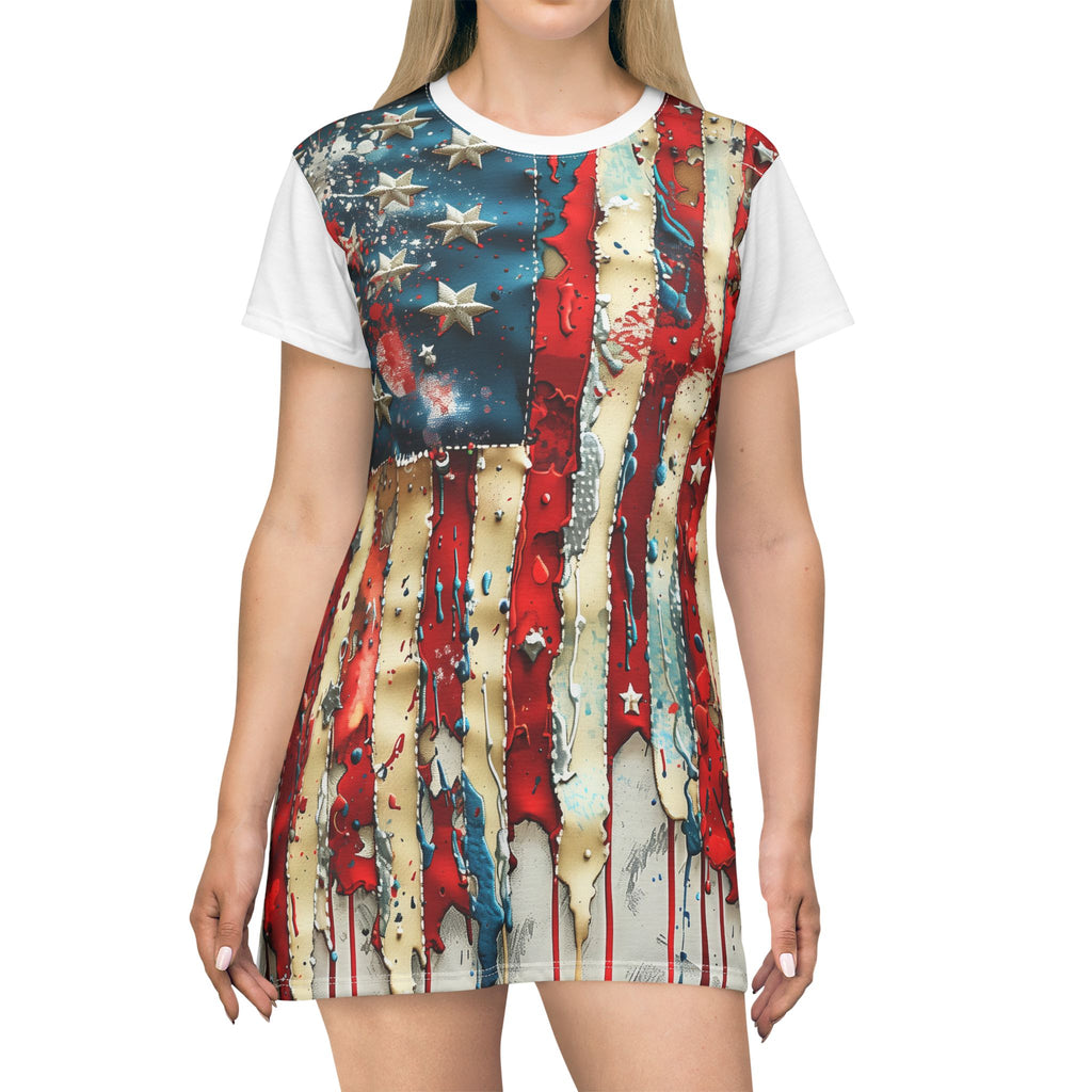 American Flag Drip T‑Shirt Dress — Distressed Patriotic Stars & Stripes