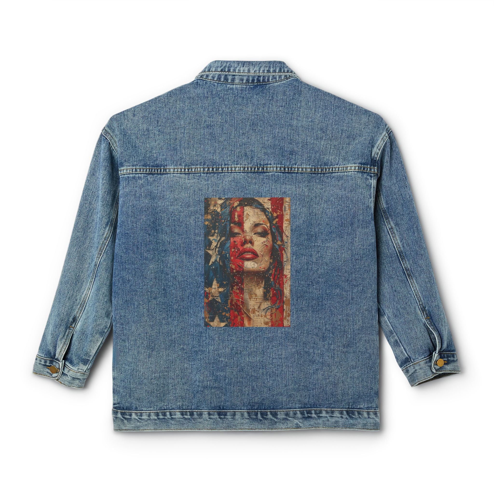 Denim Jacket — Vintage American Flag Portrait Backprint