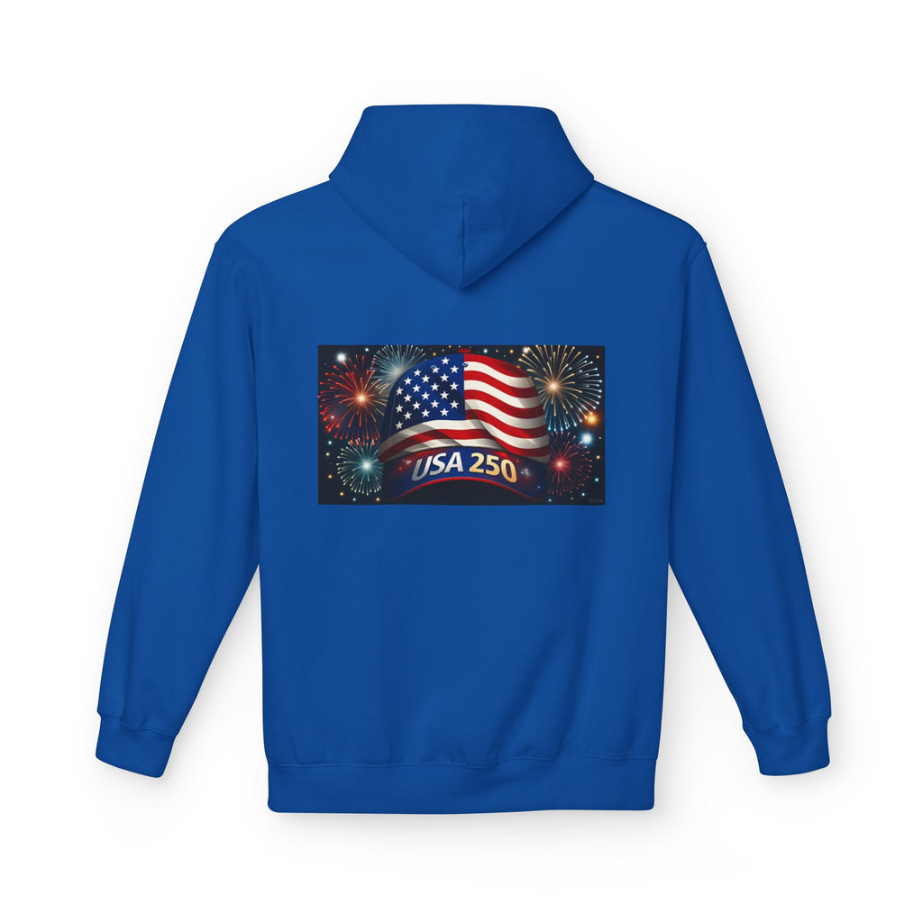 USA 250 Patriotic Hoodie with American Flag & Fireworks