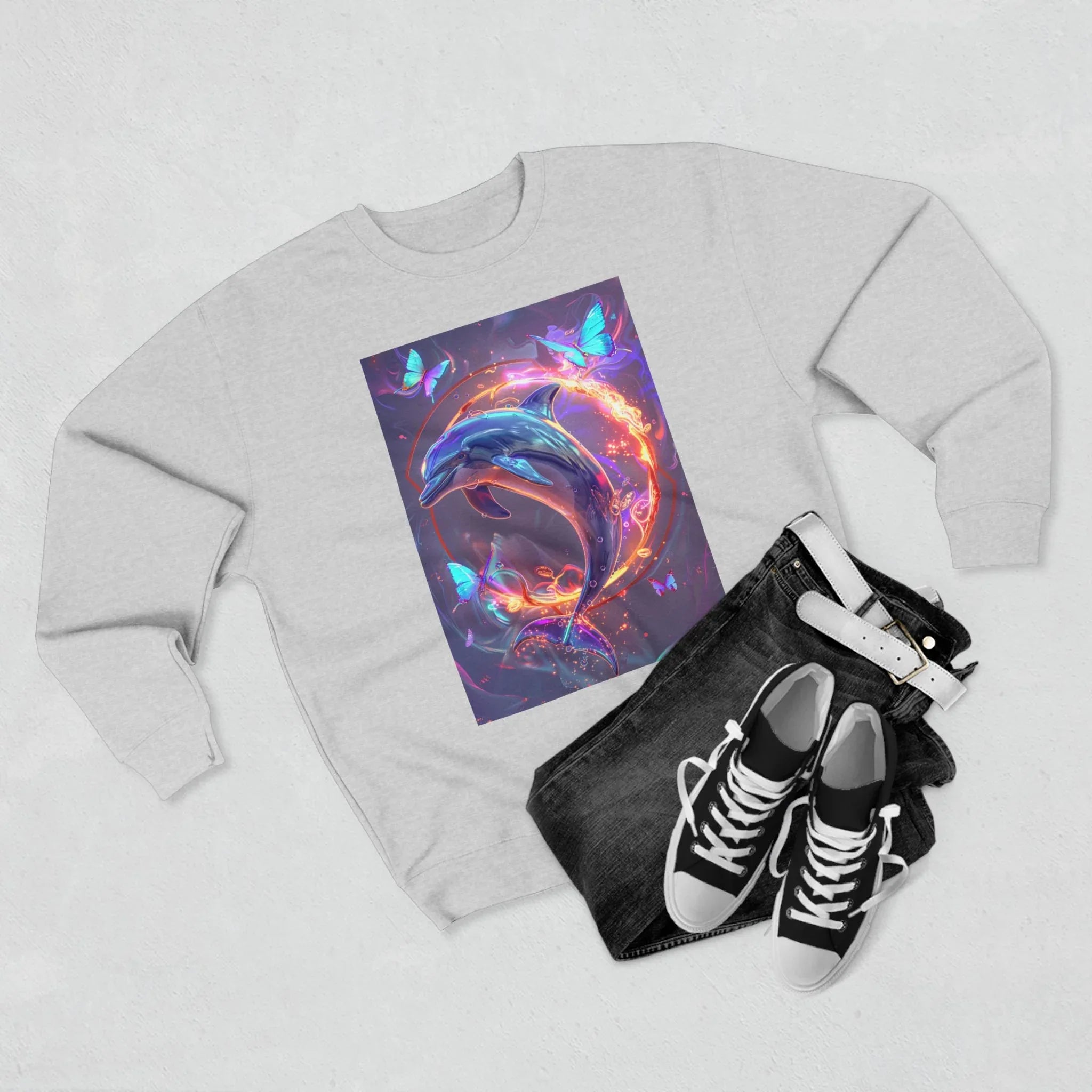 Neon Mystic Dolphin Ring sweatshirt | Glowing Butterflies, Fantasy Ocean Art - 250 USA Celebration