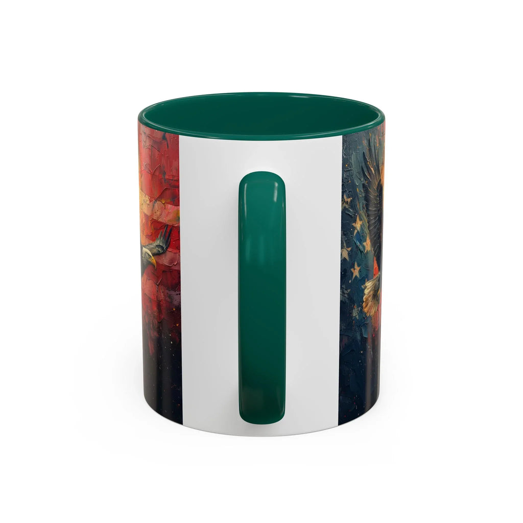 Colorful Mugs (11oz, 15oz) American Eagle Flying Coffee Cup, Patriotic American Eagle flying with American Flag in background - 250 USA Celebration