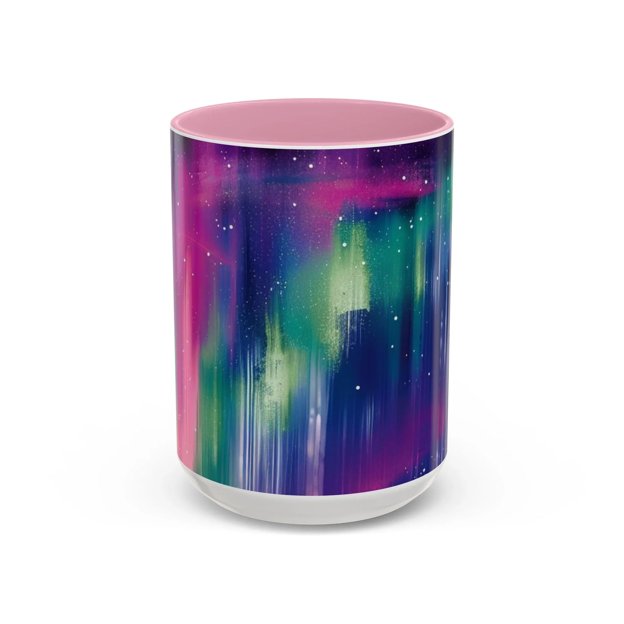 Colorful Mugs (11oz, 15oz), aurora borealis coffee cup design, northern lights starry silhouettes coffee cup - 250 USA Celebration