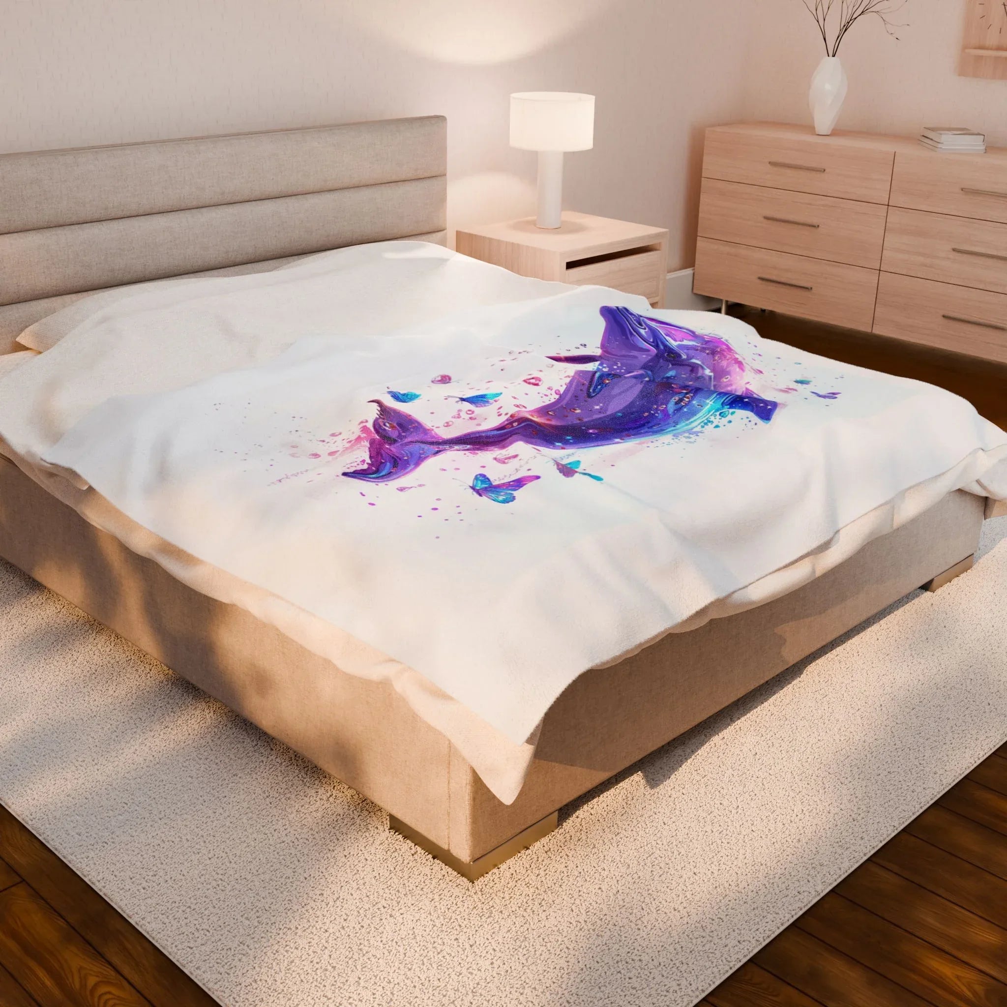 Galaxy Dolphin Velveteen Plush Blanket | Purple Whale Butterfly Splash - 250 USA Celebration