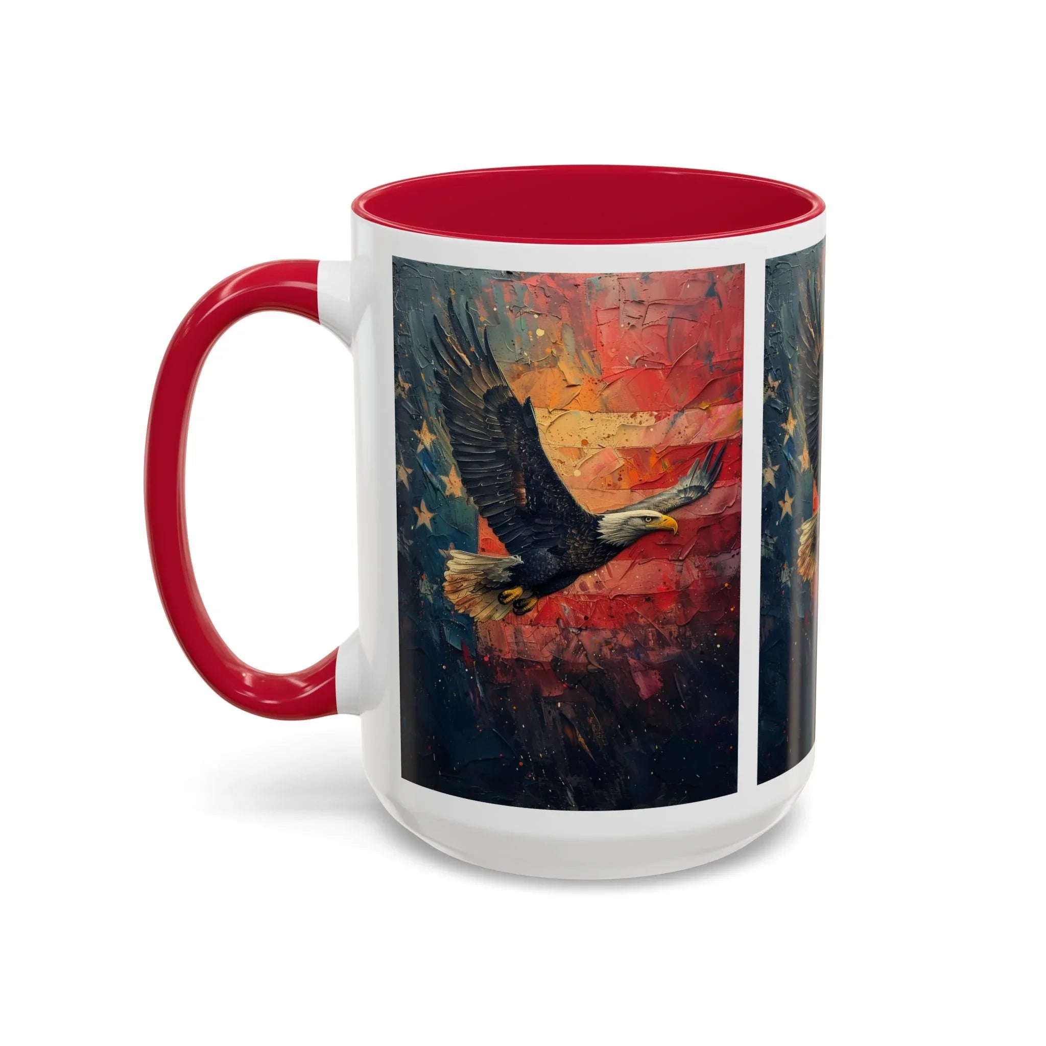 Colorful Mugs (11oz, 15oz) American Eagle Flying Coffee Cup, Patriotic American Eagle flying with American Flag in background - 250 USA Celebration