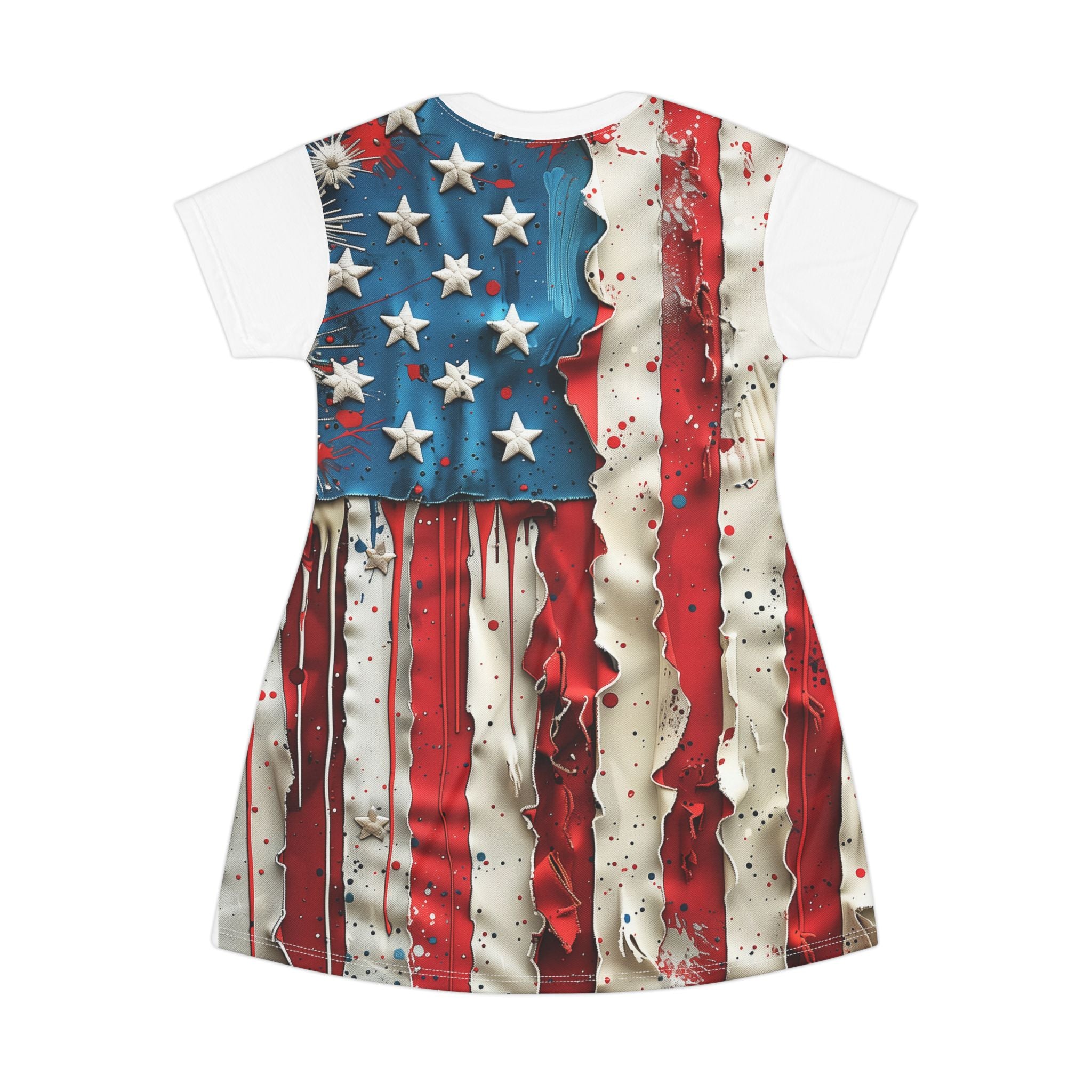 American Flag T-Shirt Dress — Distressed Patriotic Stars & Stripes AOP