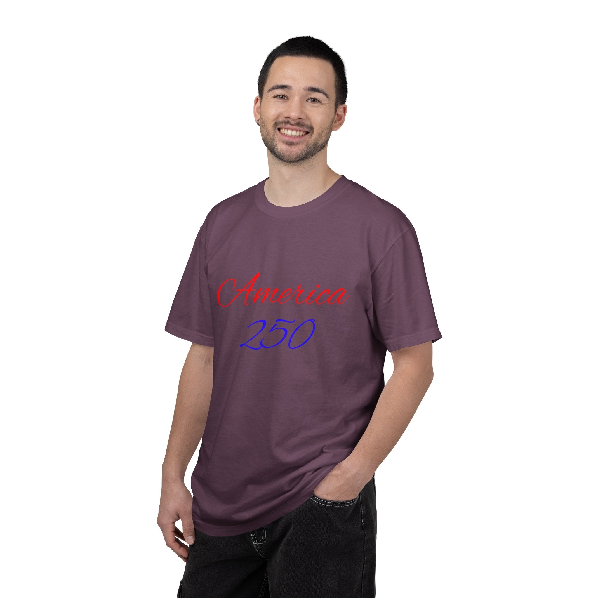 America 250 T-shirt | Patriotic Script, Red and Blue Text
