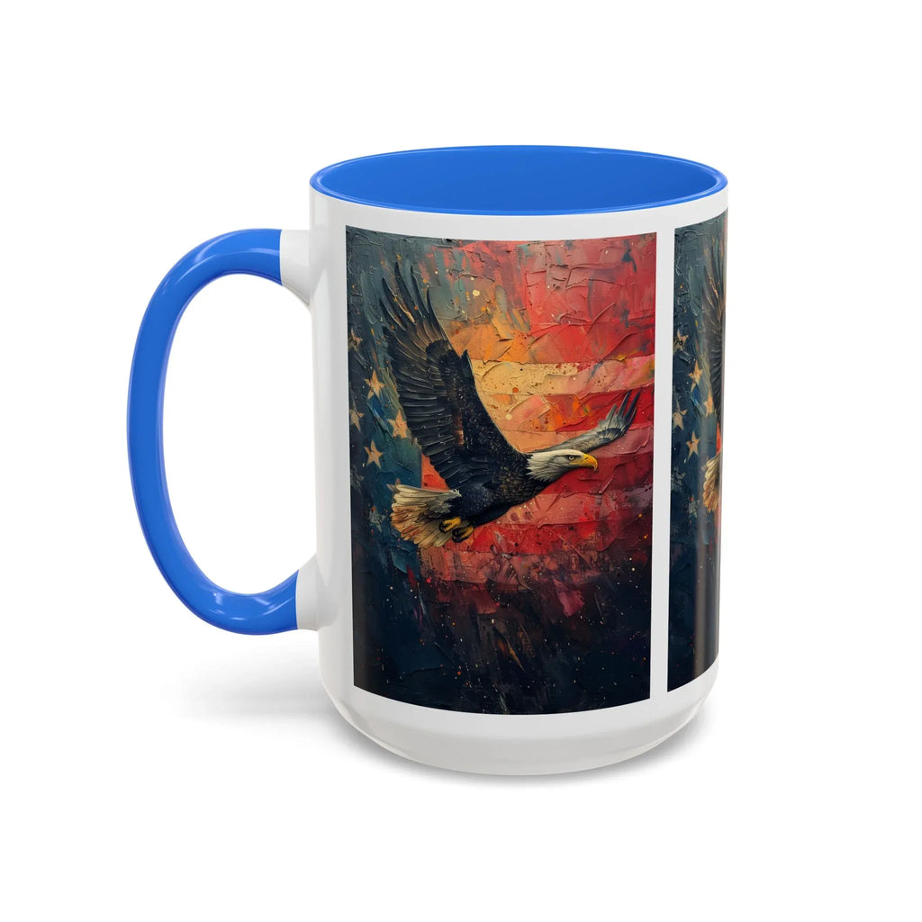 Colorful Mugs (11oz, 15oz) American Eagle Flying Coffee Cup, Patriotic American Eagle flying with American Flag in background - 250 USA Celebration