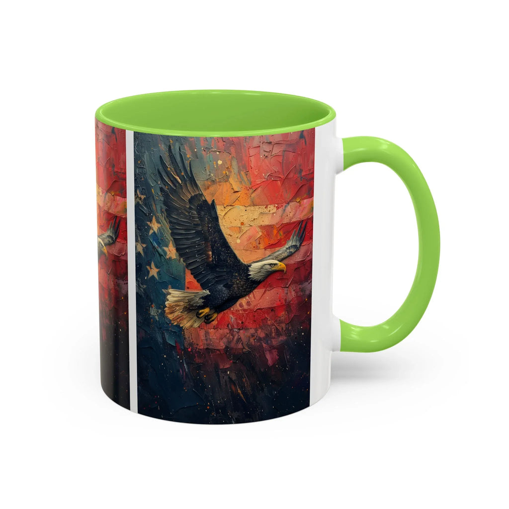 Colorful Mugs (11oz, 15oz) American Eagle Flying Coffee Cup, Patriotic American Eagle flying with American Flag in background - 250 USA Celebration