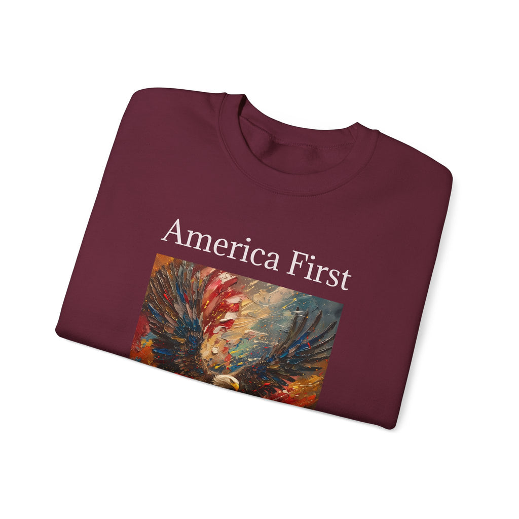 Patriotic Sweatshirt, American Eagle with America First Headline, USA Pullover Jumper, Fourth of July Gift, Political Statement Top, Unisex