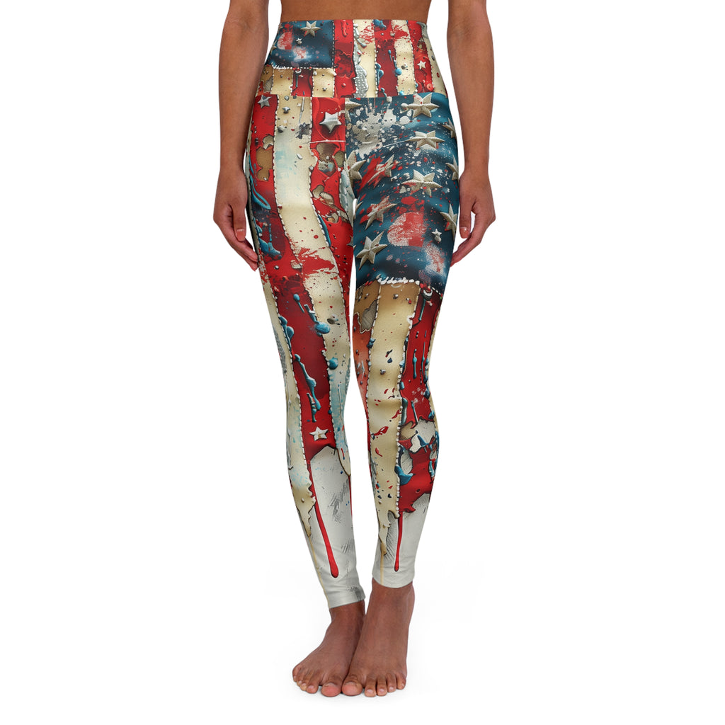 American Flag High-Waisted Yoga Leggings — Distressed Vintage Stars & Stripes