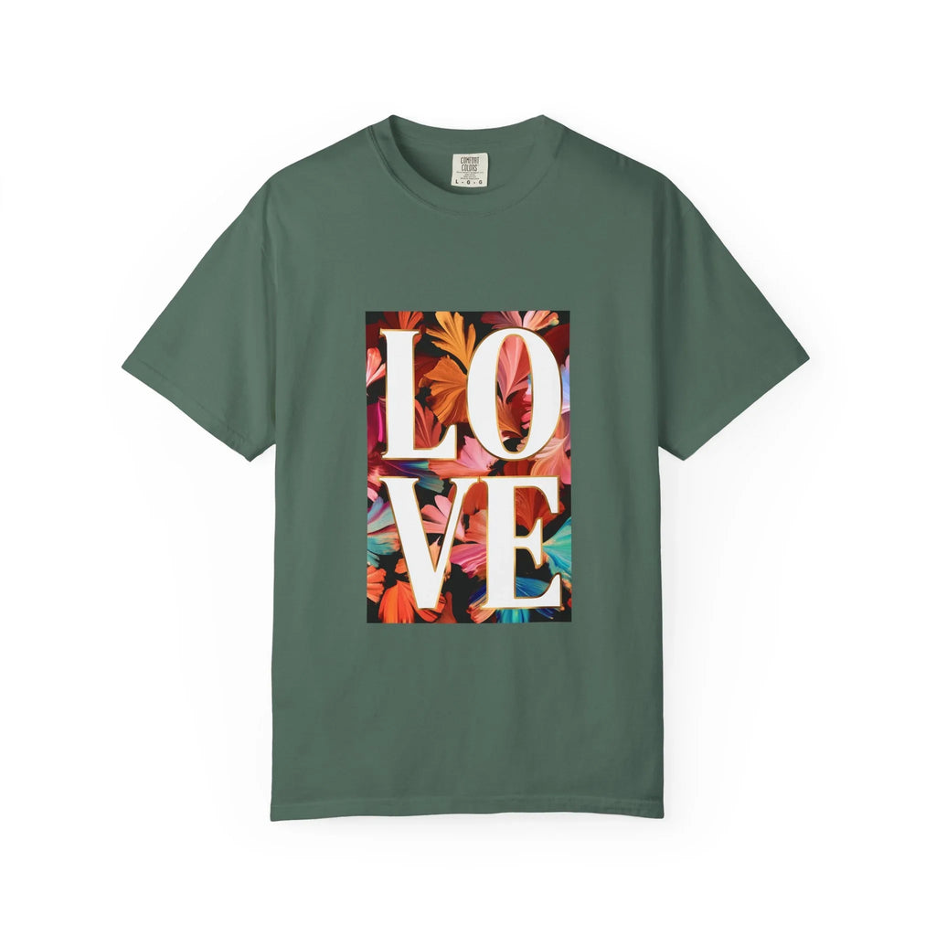 LOVE Floral Block T-Shirt | Tropical Flowers Typography - 250 USA Celebration