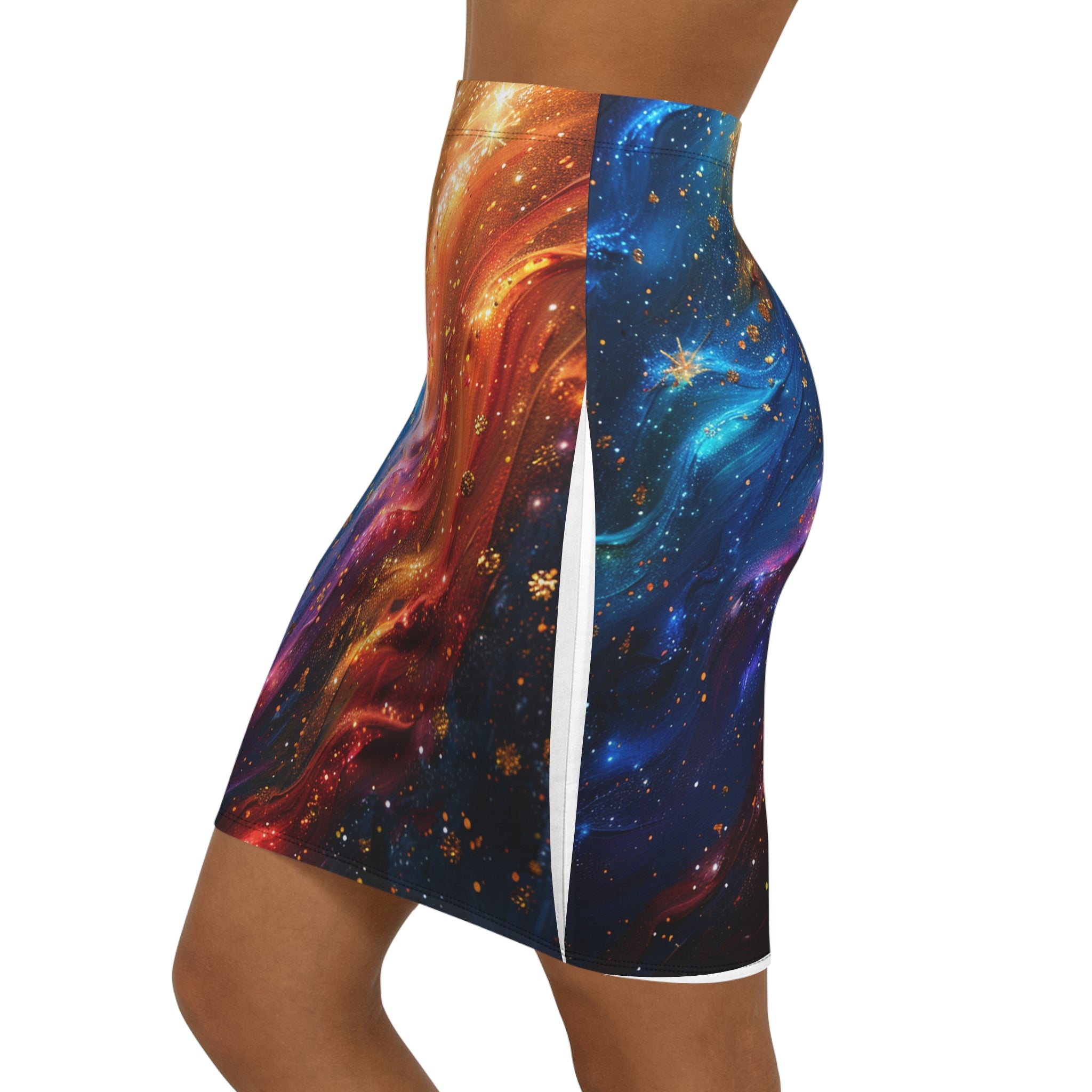 Galaxy Swirl Pencil Skirt — Colorful Cosmic Print Mid-Waist Skirt