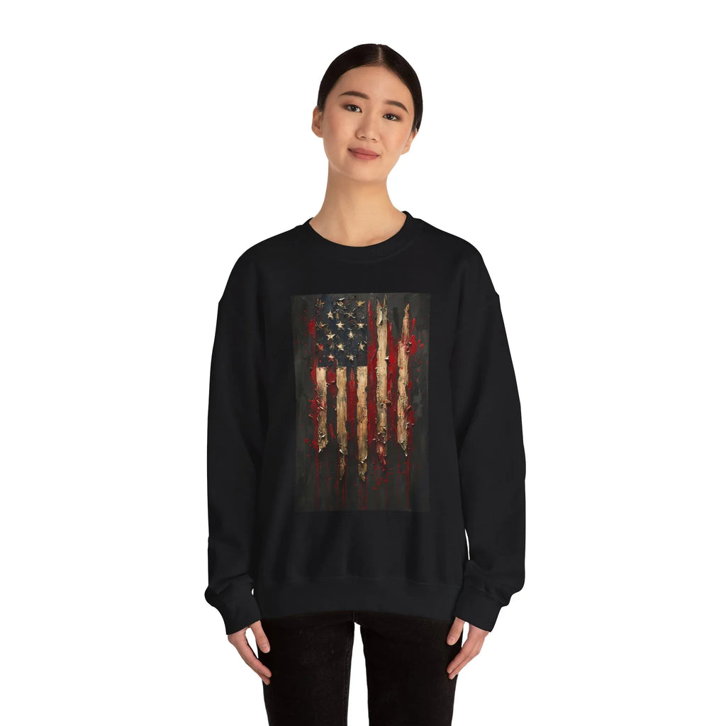 Distressed American Flag Crewneck Sweatshirt | Grunge Patriotic Design - 250 USA Celebration
