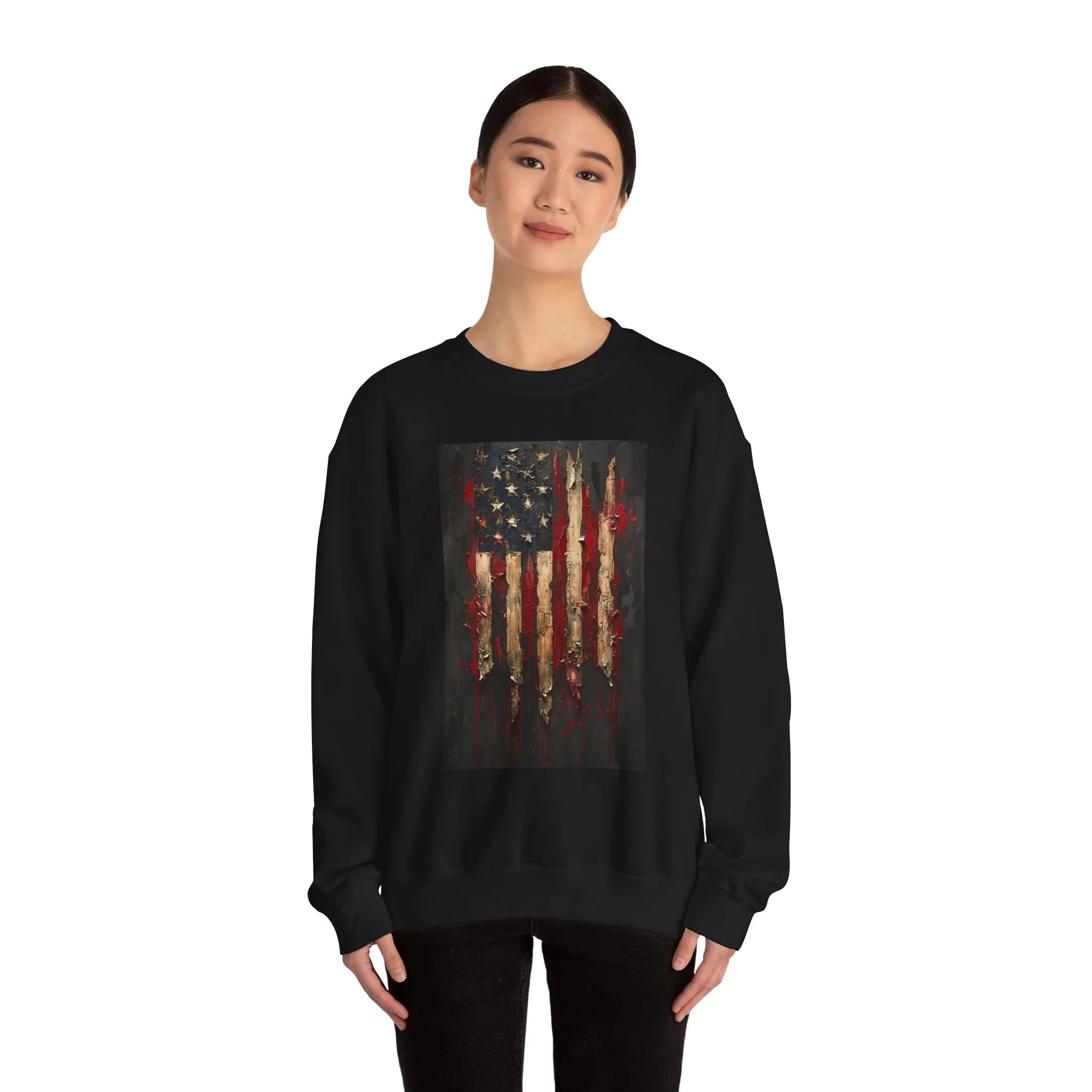 Distressed American Flag Crewneck Sweatshirt | Grunge Patriotic Design - 250 USA Celebration