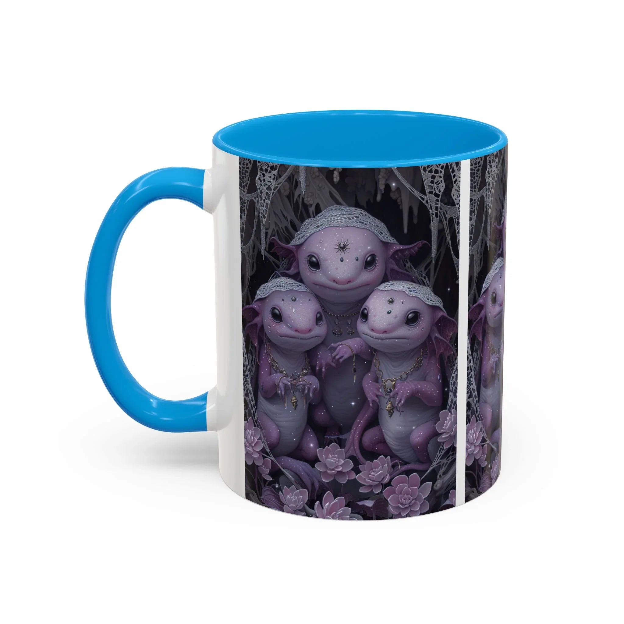 Purple Axolotl Trio Mug | Cute Amphibian Art Ceramic Coffee Cup - 250 USA Celebration
