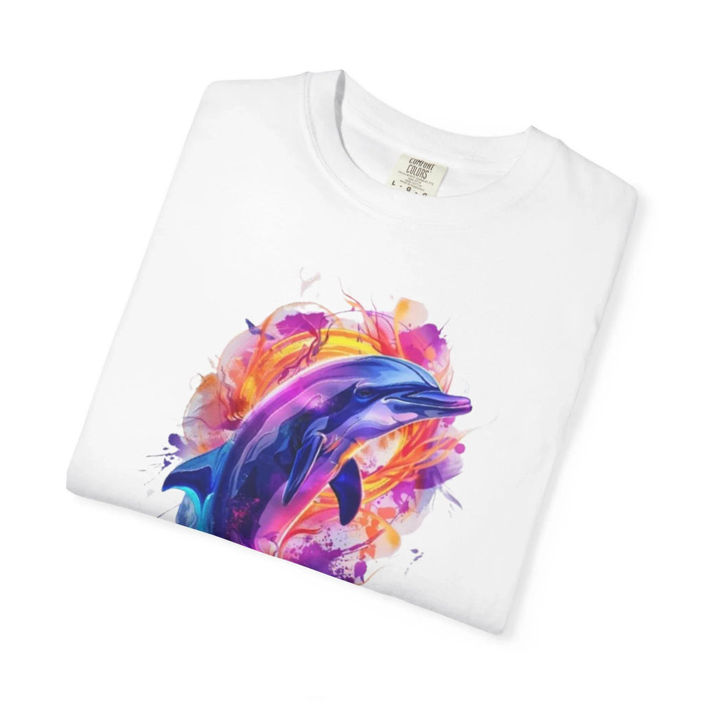 Colorful Watercolor Dolphin T-shirt | Vibrant Ocean Dolphin Tee Chrome Y2K Fantasy Dolphins & Butterflies T-Shirt | Airbrushed Liquid Metal - 250 USA Celebration