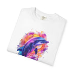 Colorful Watercolor Dolphin T-shirt | Vibrant Ocean Dolphin Tee Chrome Y2K Fantasy Dolphins & Butterflies T-Shirt | Airbrushed Liquid Metal - 250 USA Celebration