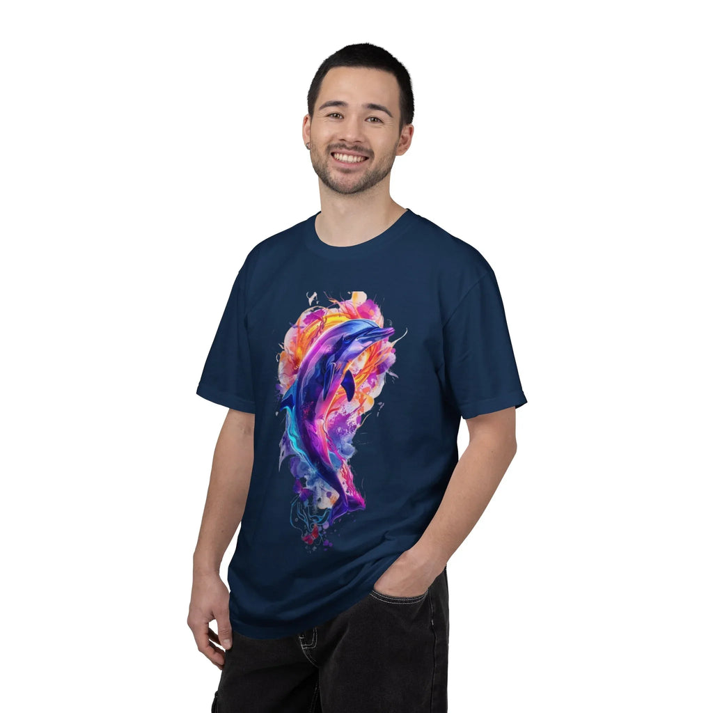 Colorful Watercolor Dolphin T-shirt | Vibrant Ocean Dolphin Tee Chrome Y2K Fantasy Dolphins & Butterflies T-Shirt | Airbrushed Liquid Metal - 250 USA Celebration