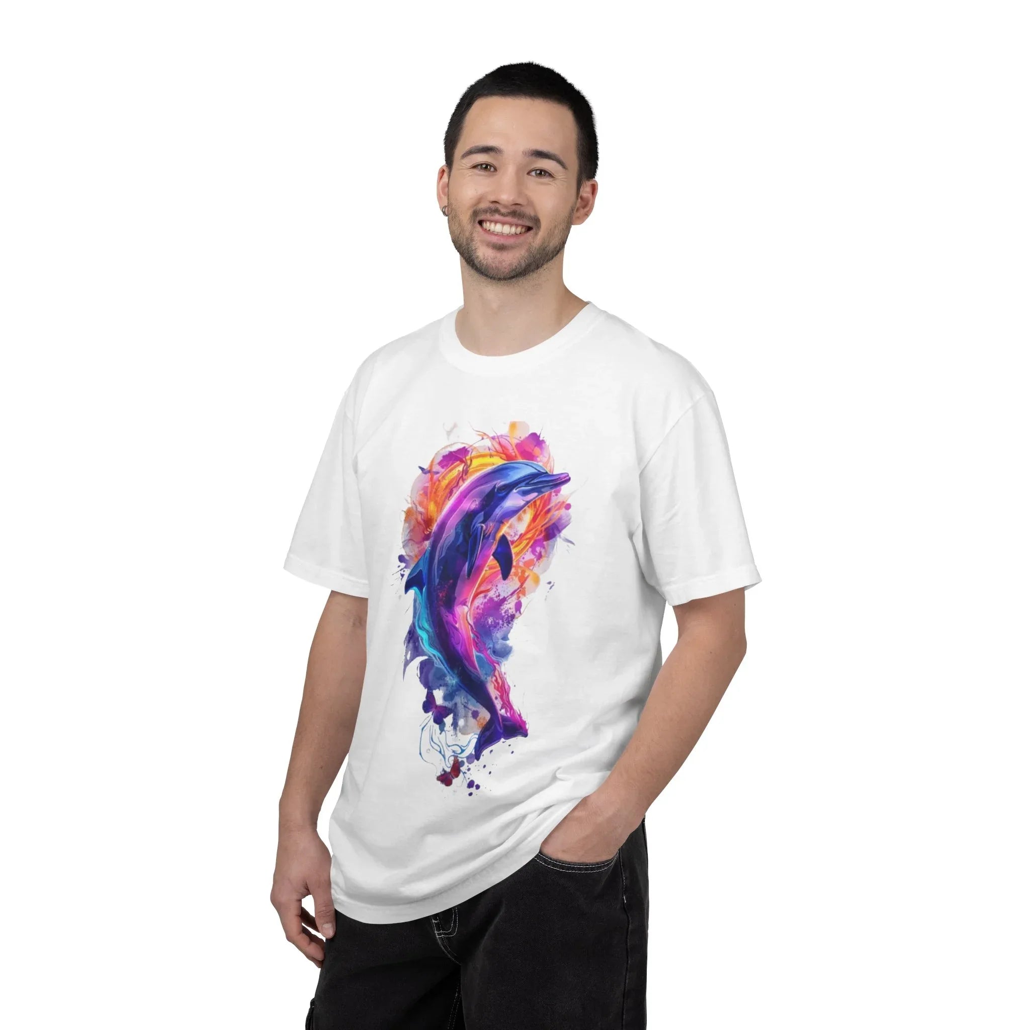 Colorful Watercolor Dolphin T-shirt | Vibrant Ocean Dolphin Tee Chrome Y2K Fantasy Dolphins & Butterflies T-Shirt | Airbrushed Liquid Metal - 250 USA Celebration