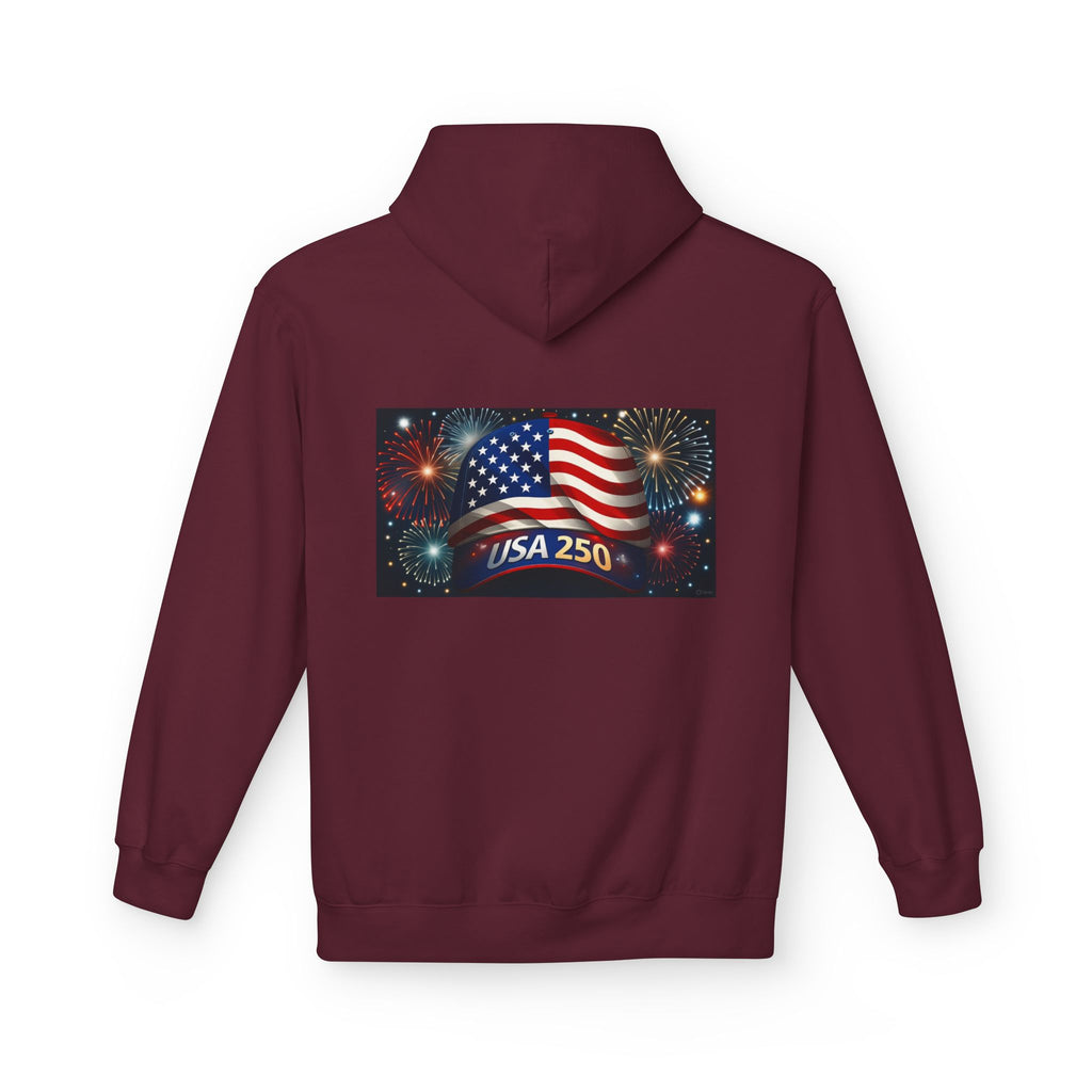 USA 250 Patriotic Hoodie with American Flag & Fireworks
