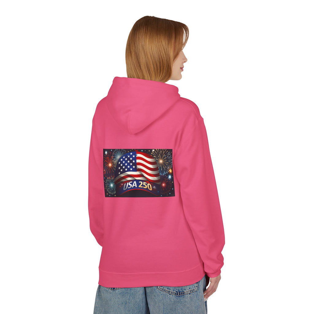 USA 250 Patriotic Hoodie with American Flag & Fireworks