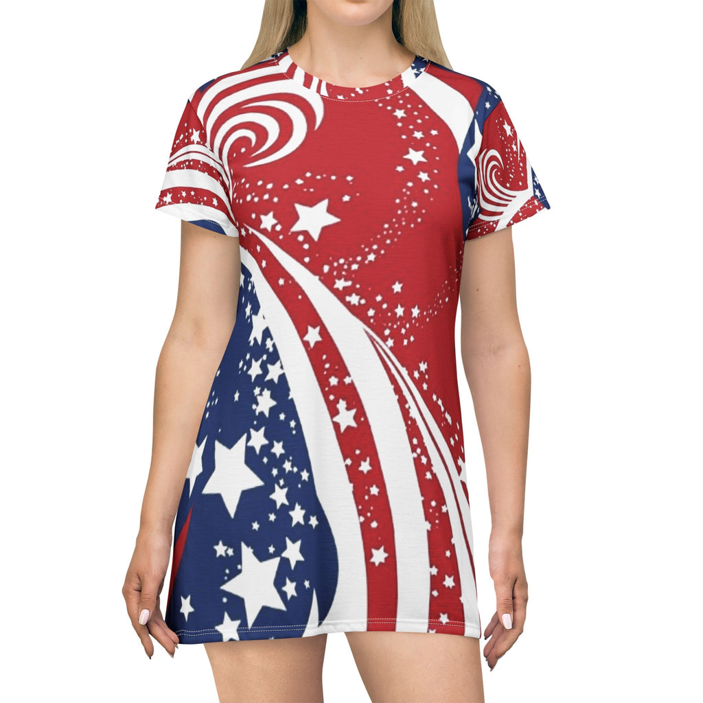 Patriotic Stars and Swirls American Flag T-Shirt Dress