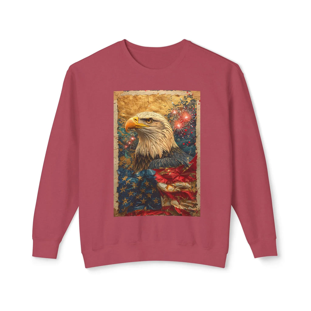 Triumphant Bald Eagle clutching American Flag Sweatshirt | Patriotic Fireworks Outline - 250 USA Celebration