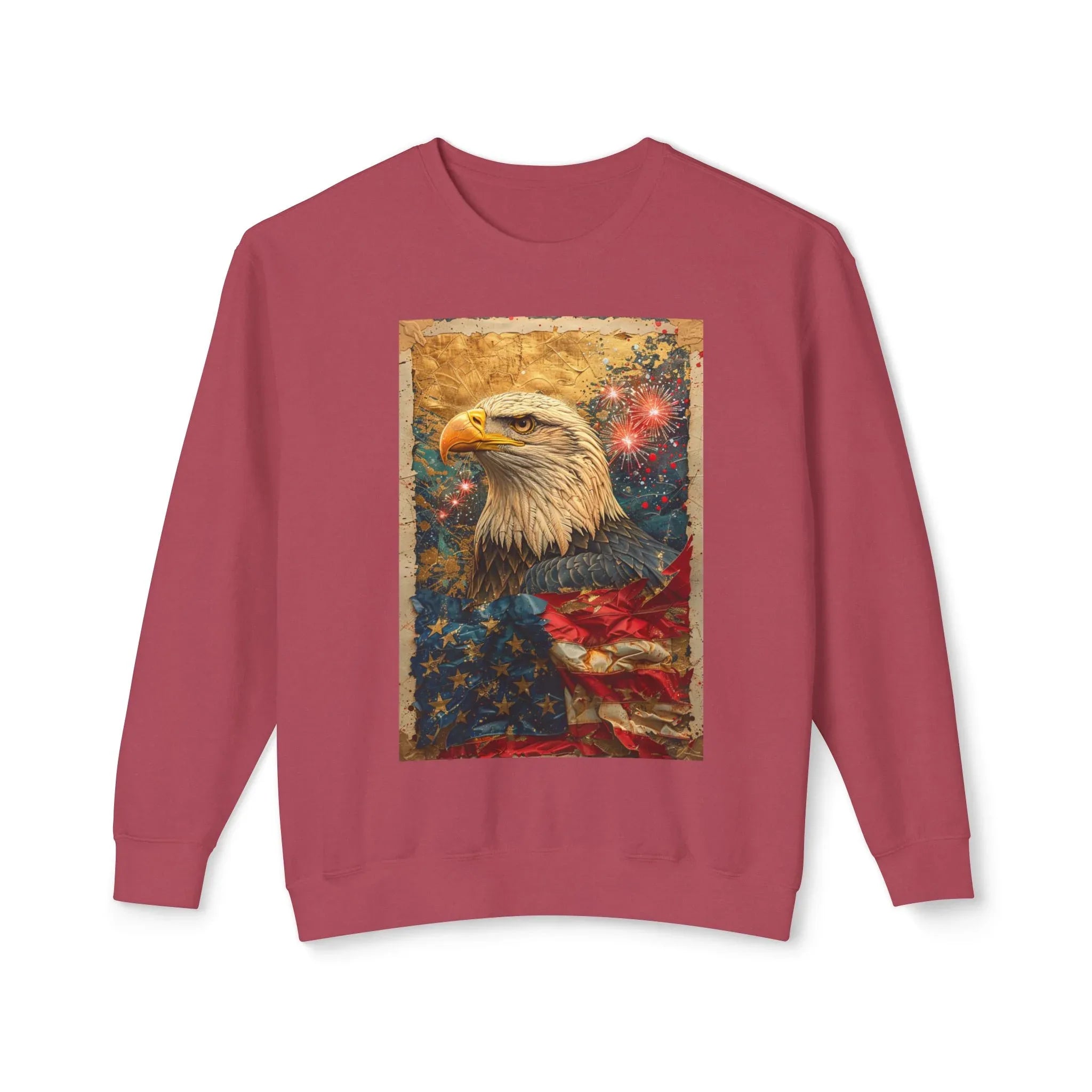 Triumphant Bald Eagle clutching American Flag Sweatshirt | Patriotic Fireworks Outline - 250 USA Celebration