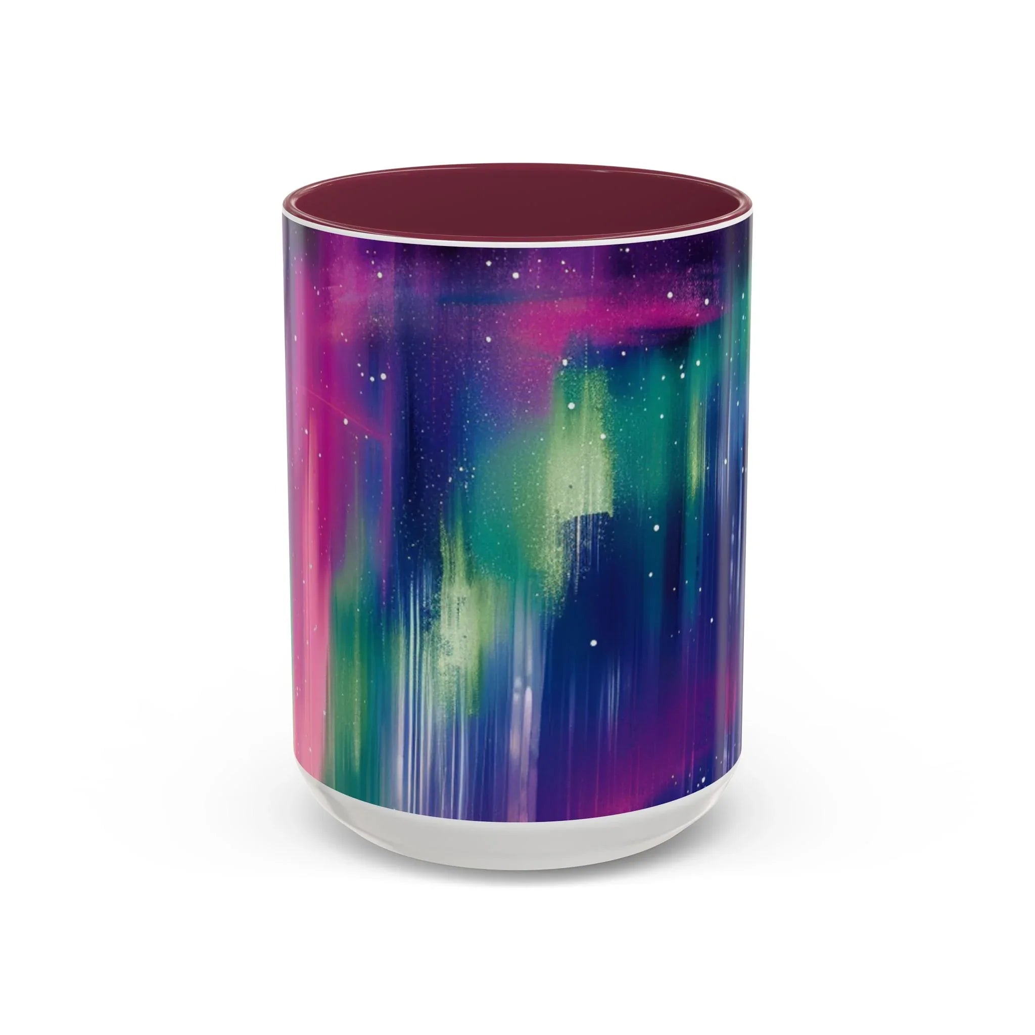 Colorful Mugs (11oz, 15oz), aurora borealis coffee cup design, northern lights starry silhouettes coffee cup - 250 USA Celebration