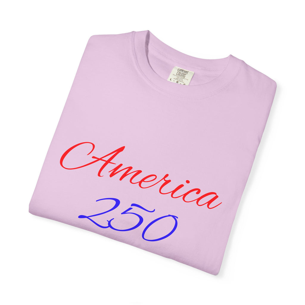 America 250 T-shirt | Patriotic Script, Red and Blue Text