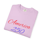 America 250 T-shirt | Patriotic Script, Red and Blue Text