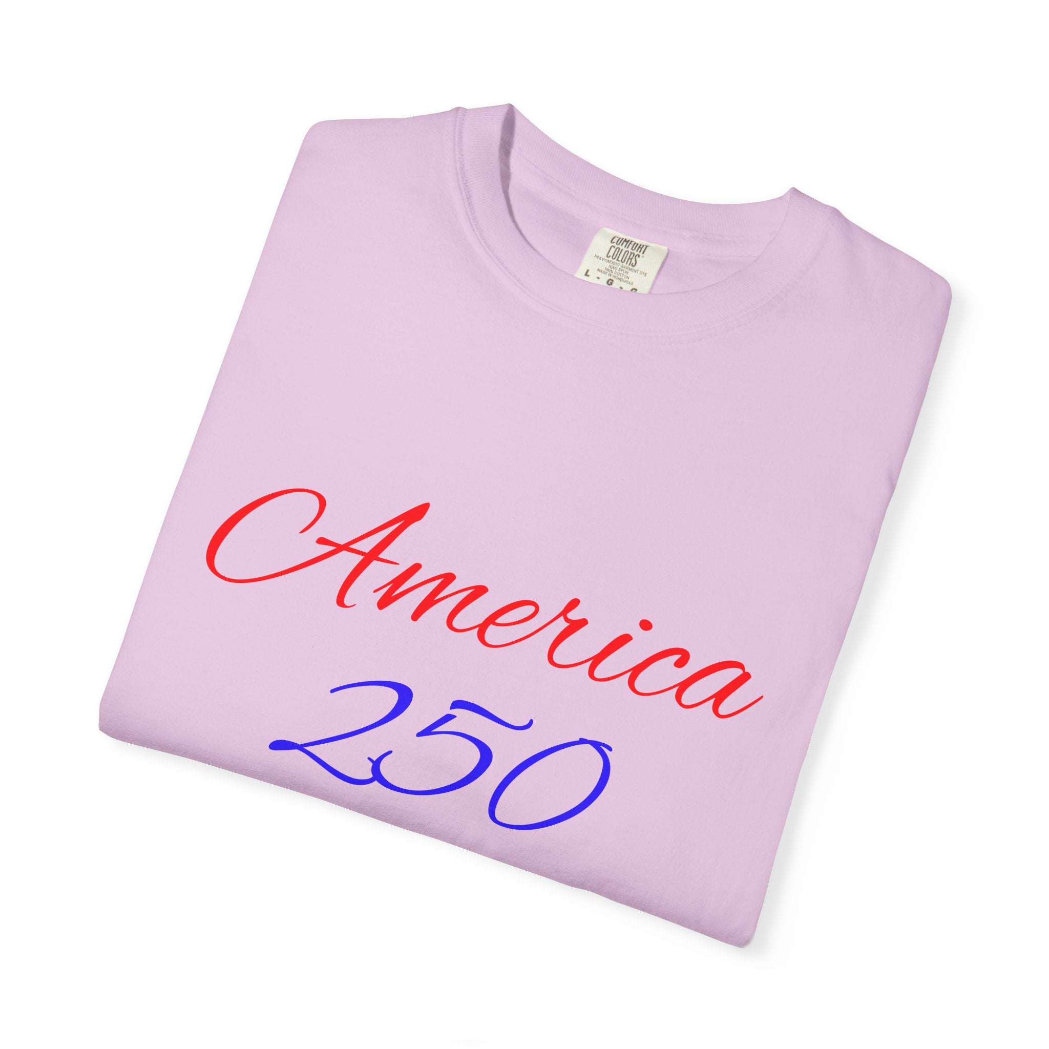 America 250 T-shirt | Patriotic Script, Red and Blue Text