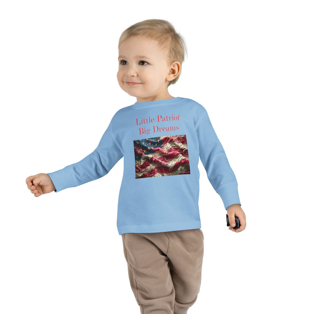 Toddler Long Sleeve Tee — "Little Patriot Big Dreams" American Flag Graphic